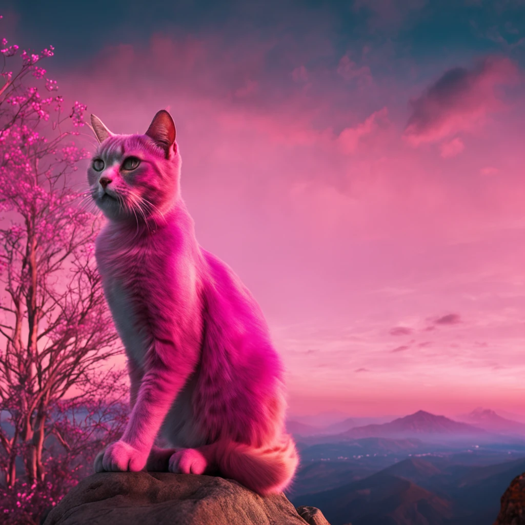 Pink cat on top of mountain with sunset