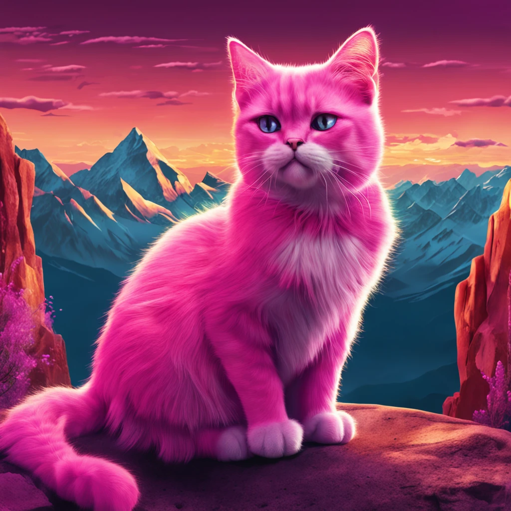 Pink cat on top of mountain with sunset