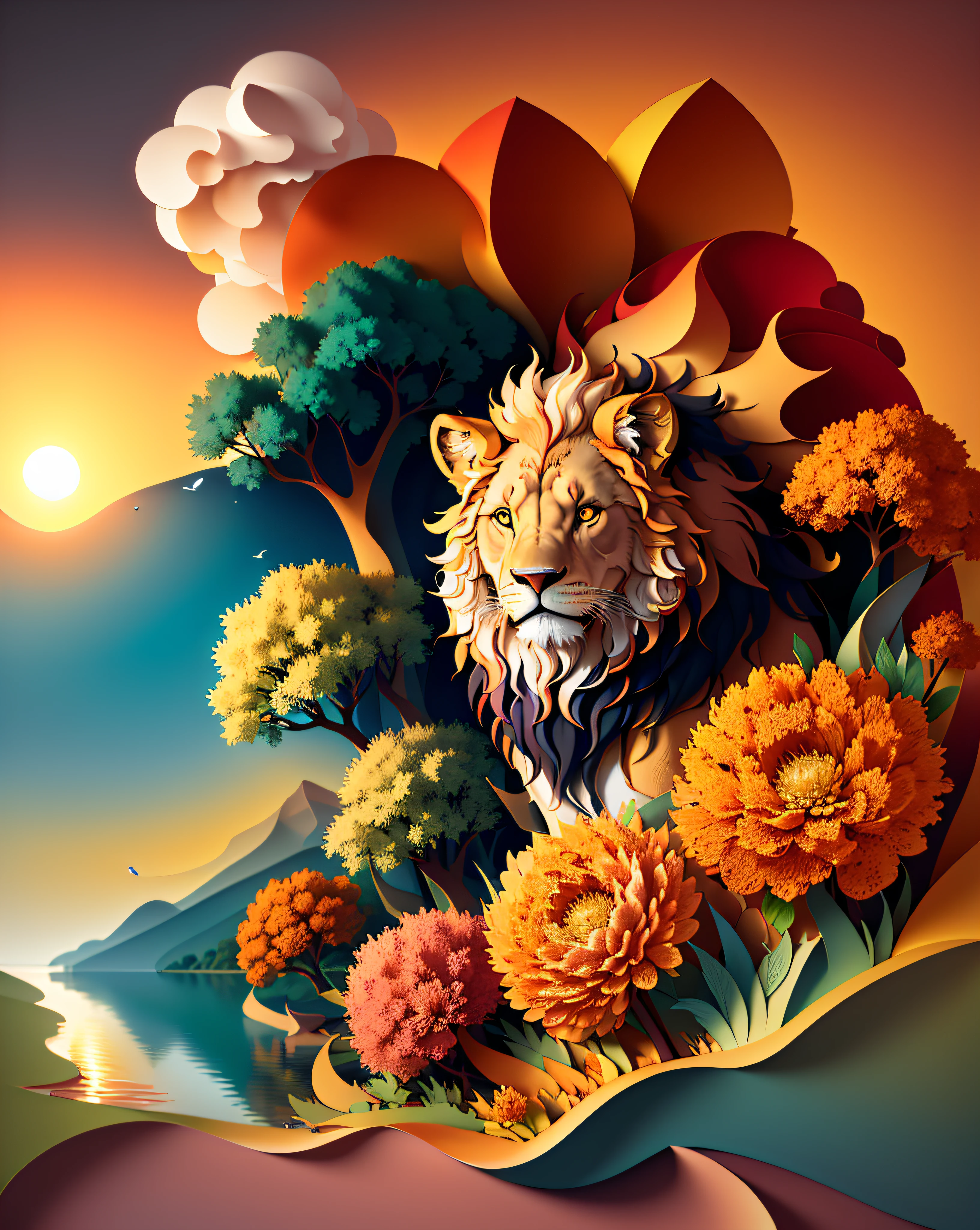 Lion, Softlight, (warm color:1.2), Water color painting, light background, best quality, exquisite details, 3d rendering, Octane render, pastel, sunset, river, storm, ultra high quality, (paper_cut:1.15) (:nature:) (hopeful feeling)