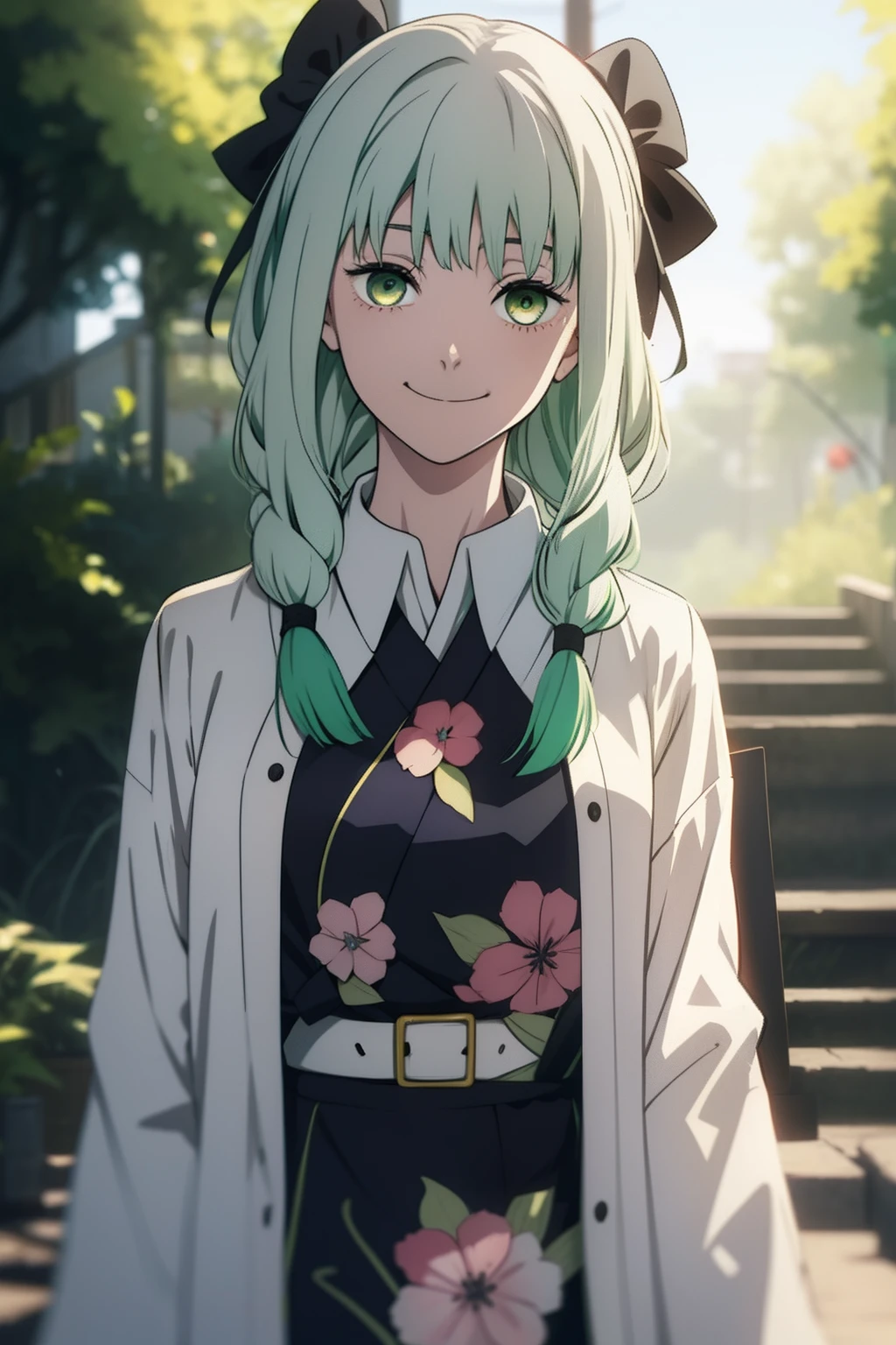 Kimetsu no Yaiba style, 1 girl, a hashira, pretty, white hair and green hair with a hint of blue at the ends, braided hair, cute, gentle, smiling
