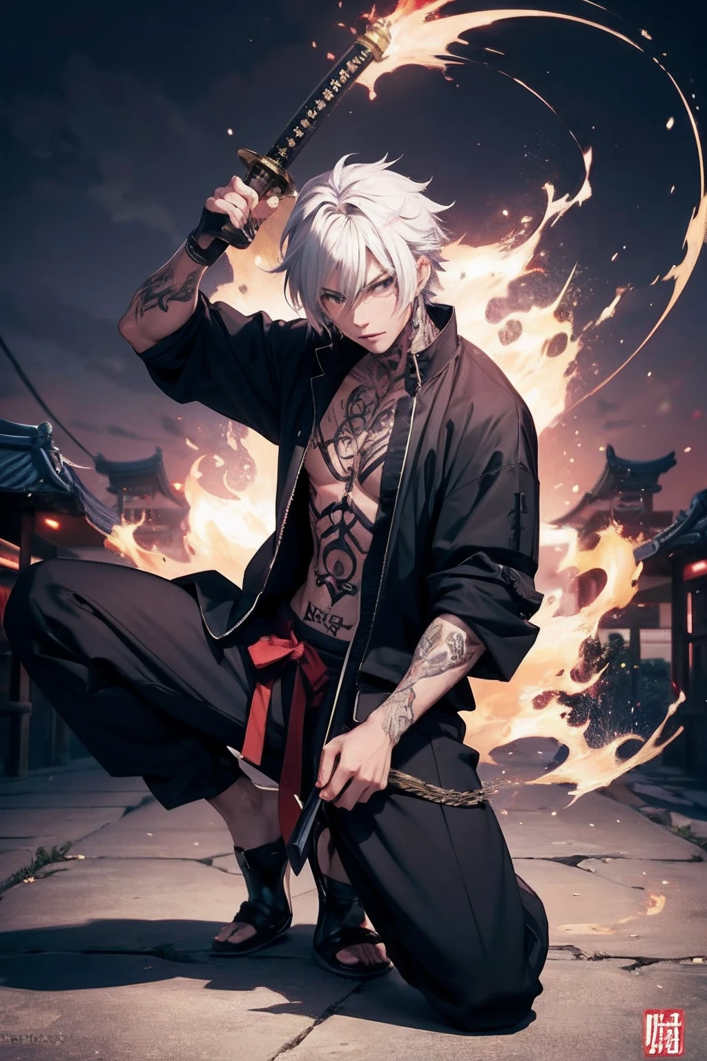 anime,boy,handsome,full body tattoo,wear long pants,Two-tone hair,Grandmaster of Demonic Cultivation,samurai sword,pose,sky,8k,masterpiece,best quailty,ultra-detailed,high res