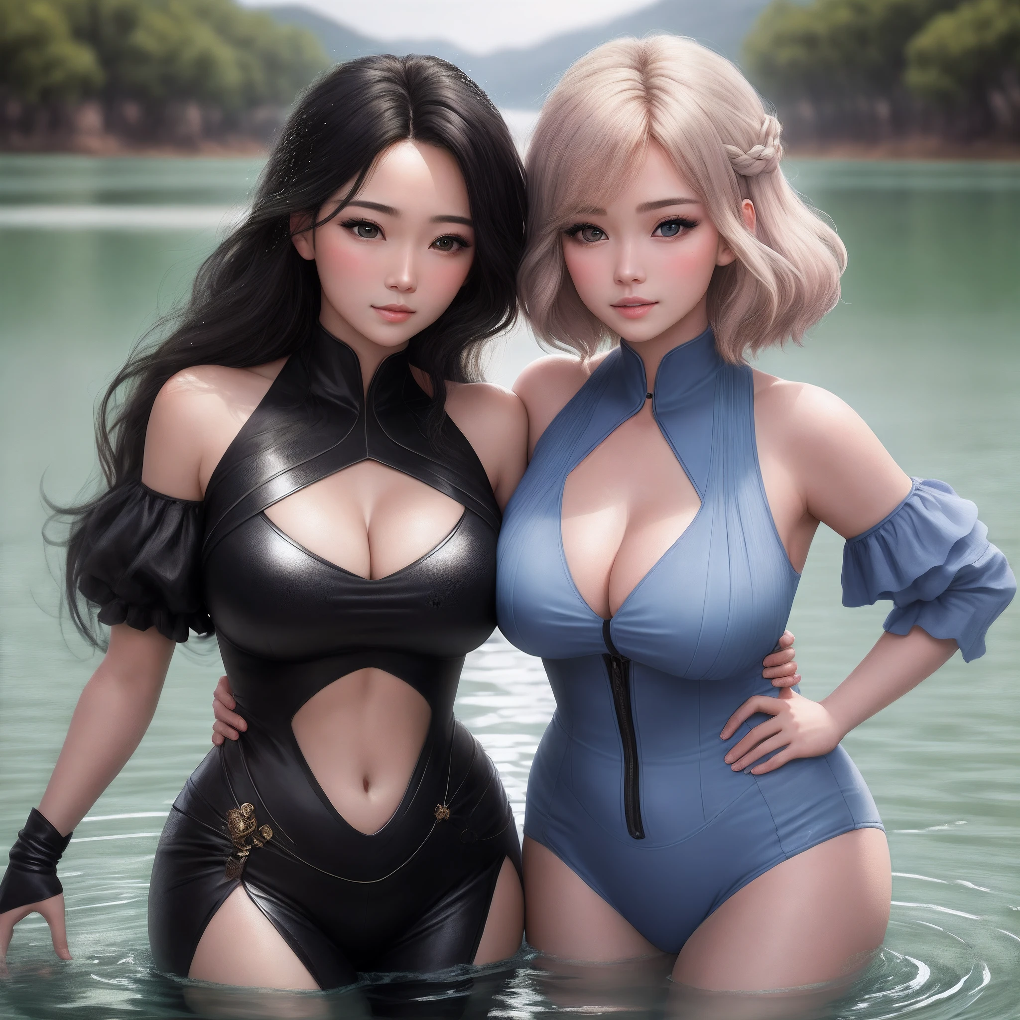 best qualtiy，tmasterpiece，Large breasts，二重まぶた，largeeyes，A beauty，Beautiful eyes，bshoulders，with fair skin，比基尼，Incredibly ultra-detailed，stunningly realistic，exteriors，sentado em frente a um lago，best qualtiy，tmasterpiece，cabelos preto e longos，Similar to a live-action videography，Look at the audience tenderly，Water droplets on the hair，Caucasian female face