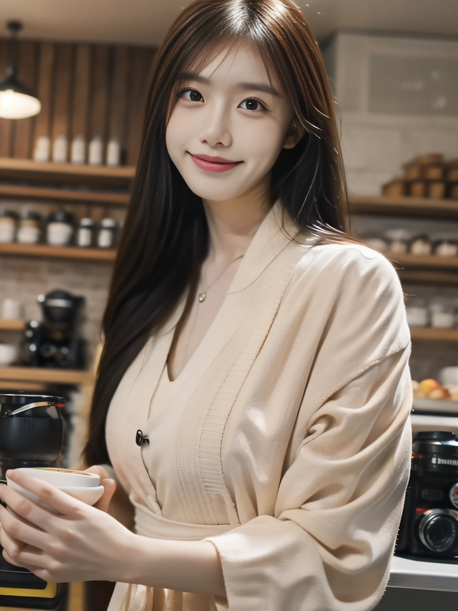 A beauty,Chinese,cafe shop,Summer clothes,wearing a summer dress,Natural smile,Inside the coffee shop,Close-up Shot Shot,Beautiful wallpaper,Background bokeh,Close-up of the hand,Photography,Ultra HD in 8K,SLR camera,Soft light,Super high quality,Fujifilm XT3,RAW photogr