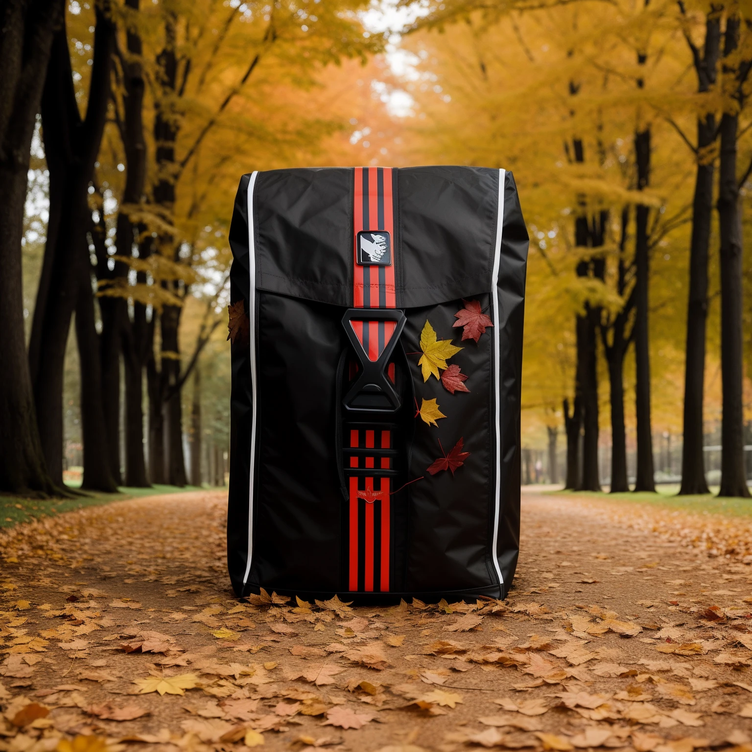 there is a black bag with a red and white stripe on it, official product photo, medium shot taken from behind, official product image, bottom - view, detailed product photo, complete body view, n 7 armor, close establishing shot, # 2 2 3 3 e 6, code, black main color, product photo, top view, front side full, sith. Tree alley in the background, sunny autumn day with falling leaves, photorealistic, fallen colours leaves on the ground on a pathway, bright colours, tall trees in the distance, tree alley in a park, leaves are green, yellow, red colour, backpack is standing on the floor casting shadow on the fallen red mapel leaves, top of the trees are red