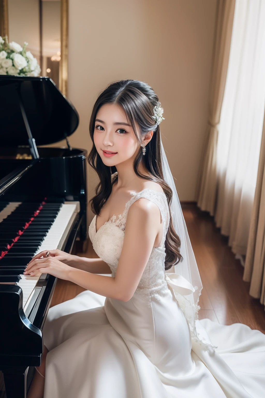 (great masterpiece、high-level image quality、hightquality),A Japanese Lady、pianist、Sitting in a piano chair、playing piano、a grand piano、Picture-perfect performance、Beautiful fece、Beautiful eyes、Beautiful limbs、weddingdress