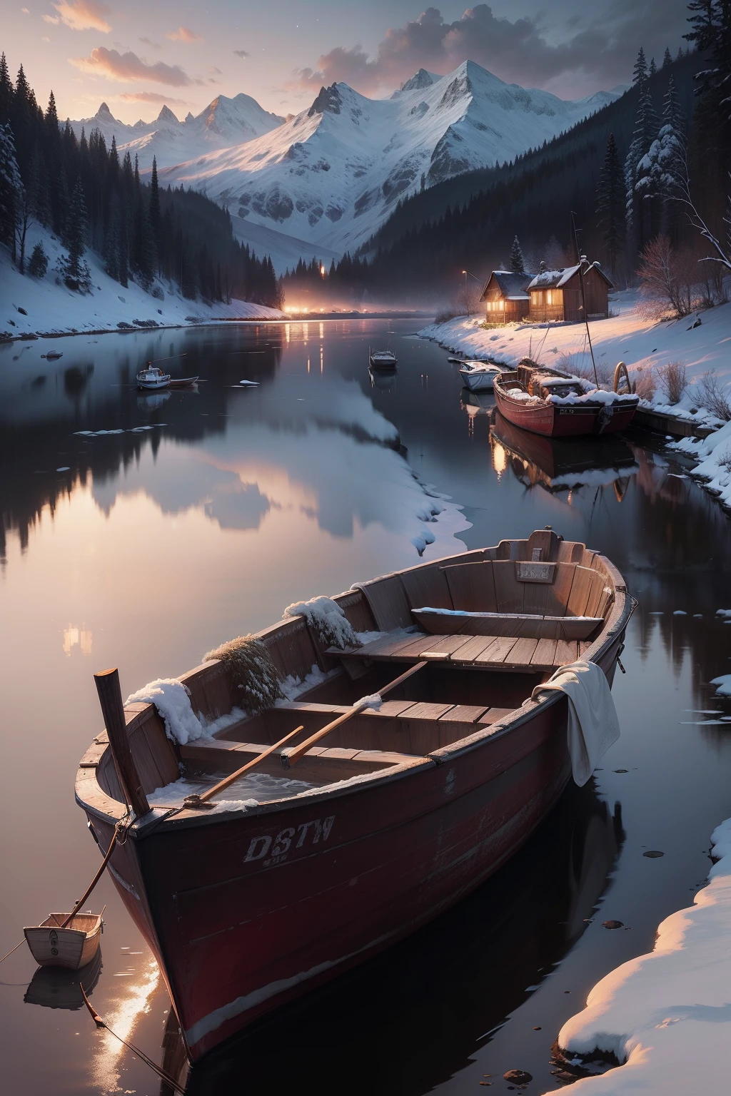 Digital painting, lonely boat, fishing for cold river and snow, dusk time