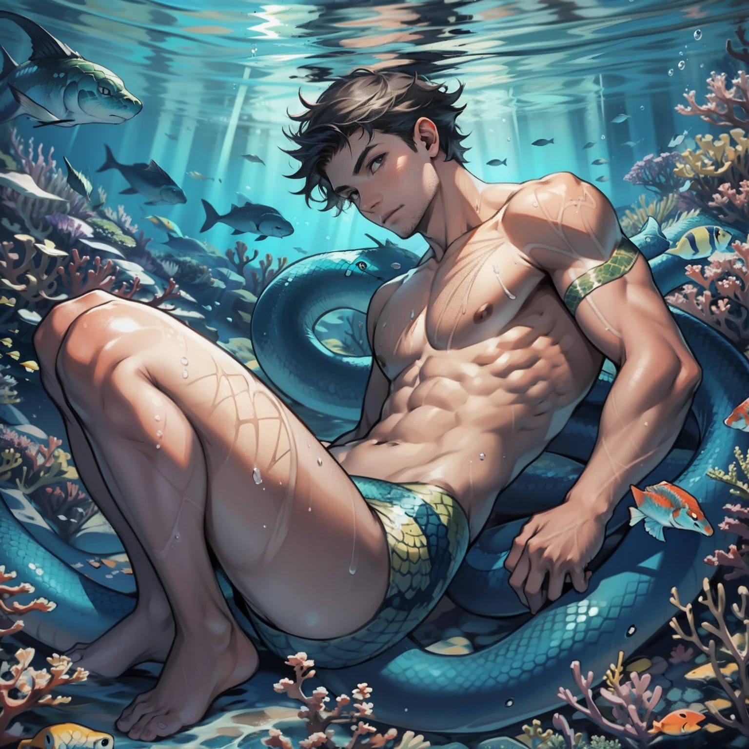 A boy swims at the bottom of the sea,Raised sexy,serpent