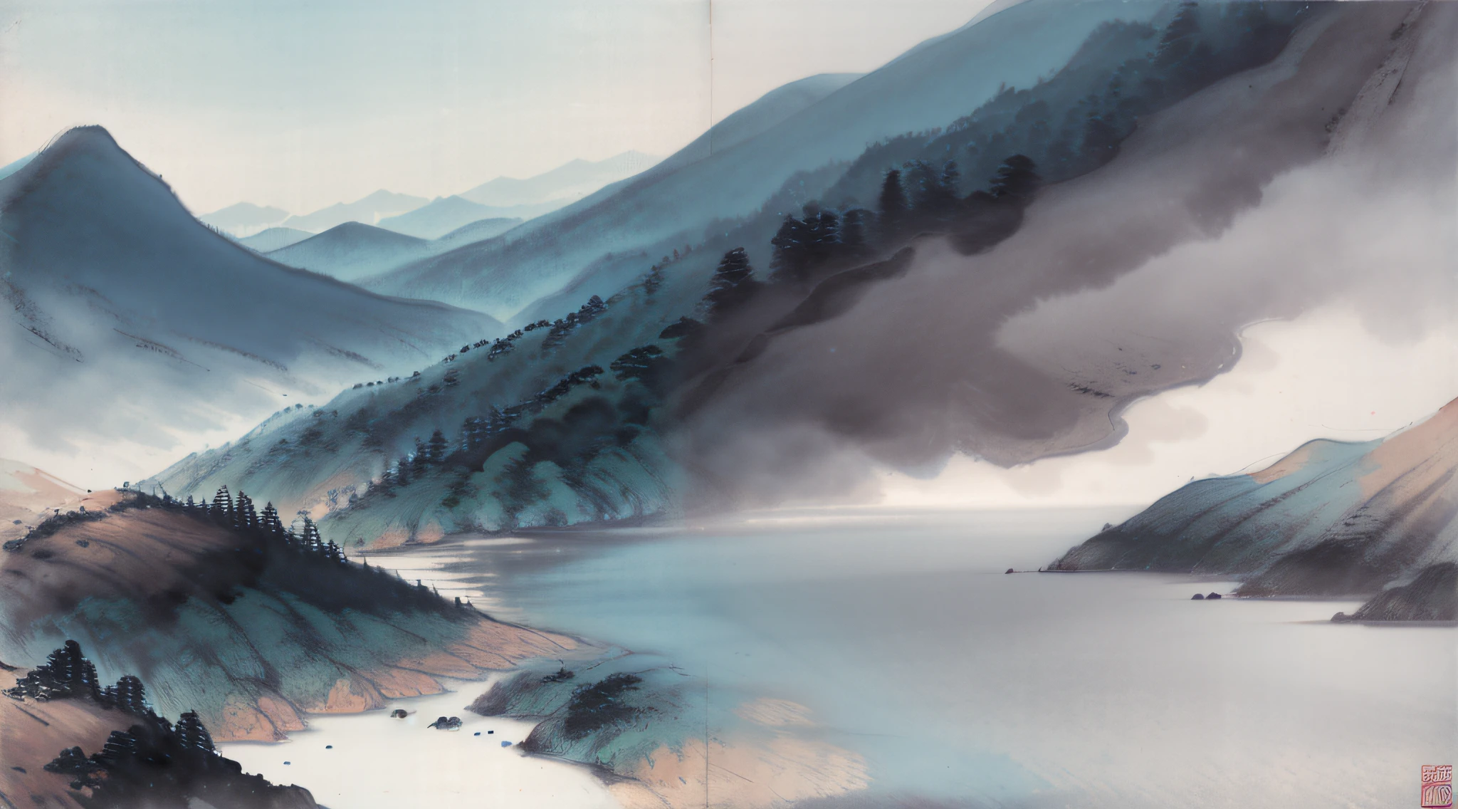 Best quality、tmasterpiece、best detail，mountain water，Green landscape painting，