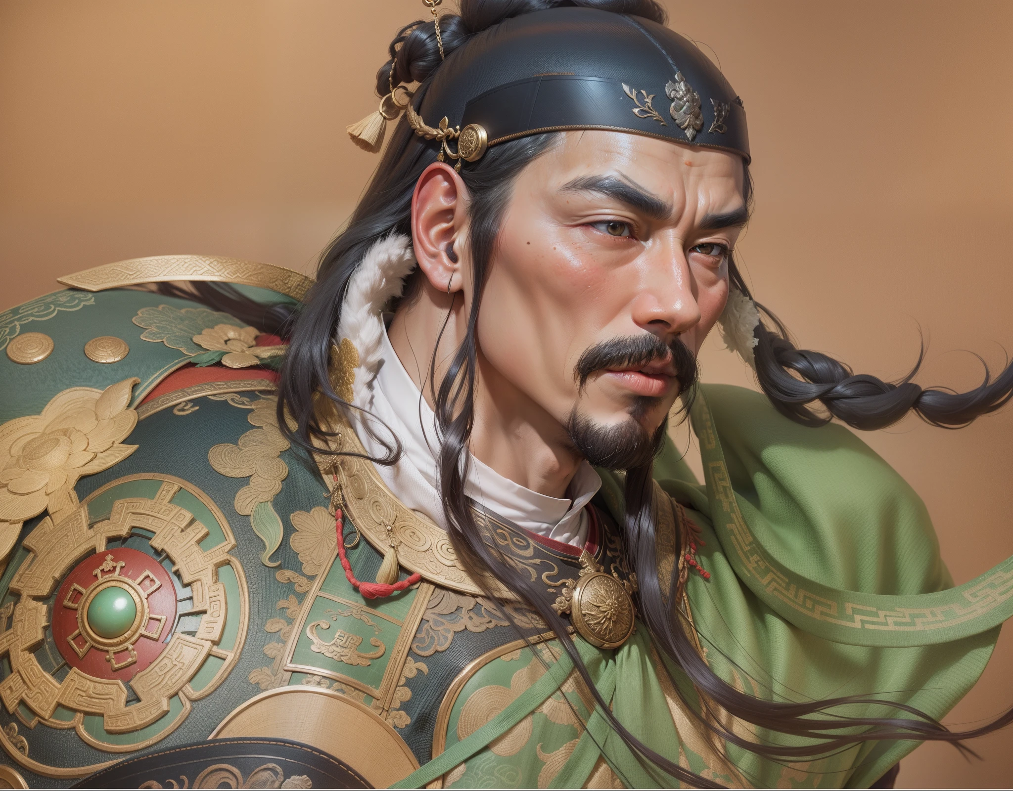 8K portrait of ancient Chinese figure Guan Gong, best quality, ultra detailed, complex details, 8K resolution, physics based rendering, professional photography, realistic models, realistic art, HDR, realistic 1.4, personification, real/real, ultra high resolution, 3D, 1 man, man, upper body