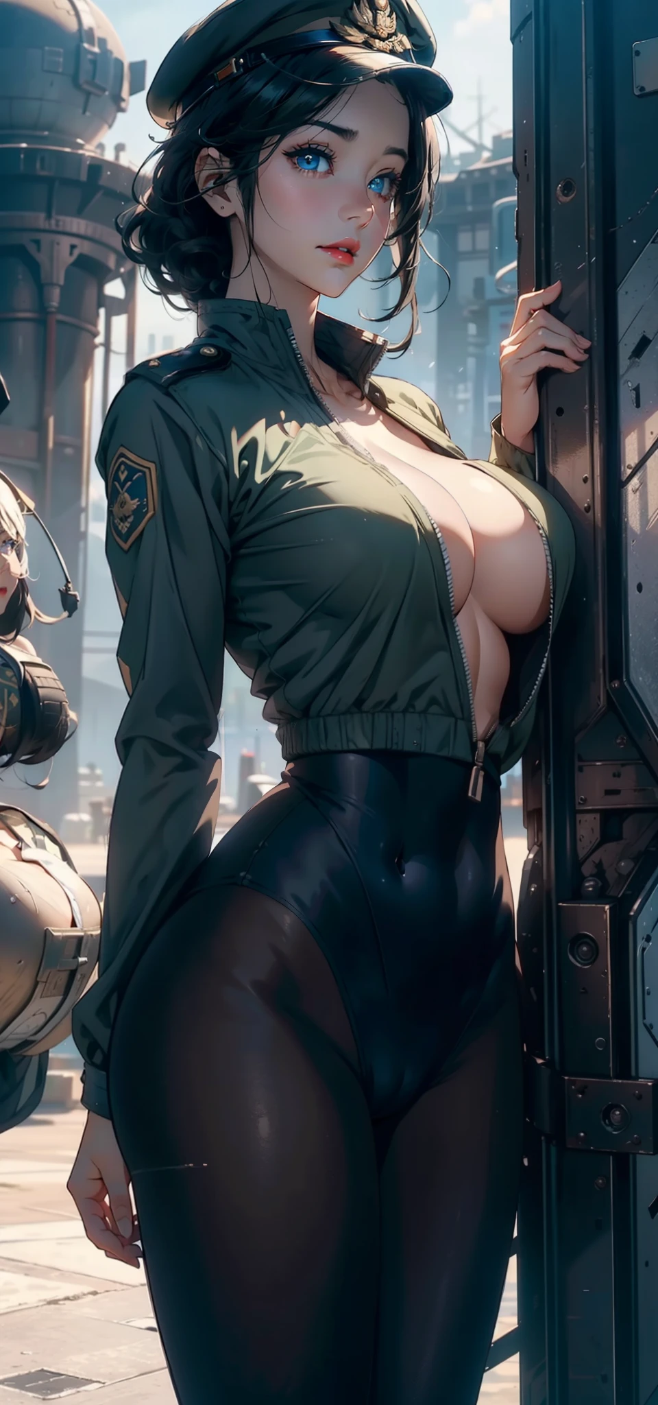 1female,35yo,plumw,extremely large , 独奏,(Background with:Huge machinery,droid,aerodrome,Planes,Huge mechanical armor,) She has very short black hair,bobo head,Stand on the plane,,seen from the front, hair straight, mostly cloudy sky,(((tmasterpiece),(Very detailed CG unity 8K wallpaper),best qualtiy,cinmatic lighting,detailed back ground,beatiful detailed eyes,Bright pupils,Blue eyes,Snow-whiteskin,Redlip(Very fine and beautiful),(Beautiful and detailed eye description),ultra - detailed,tmasterpiece,))facing at camera,A high resolution,ultra - detailed),revealing breas genitalia, Bulge,legs are open,Raised sexy,Camel t,Flusexion,Desire for dissatisfactintage,Indian Air Force,Aviator,Officer's cap(Wearing:Dark green baseball jacket,Black pantyhose,Bare breasts)