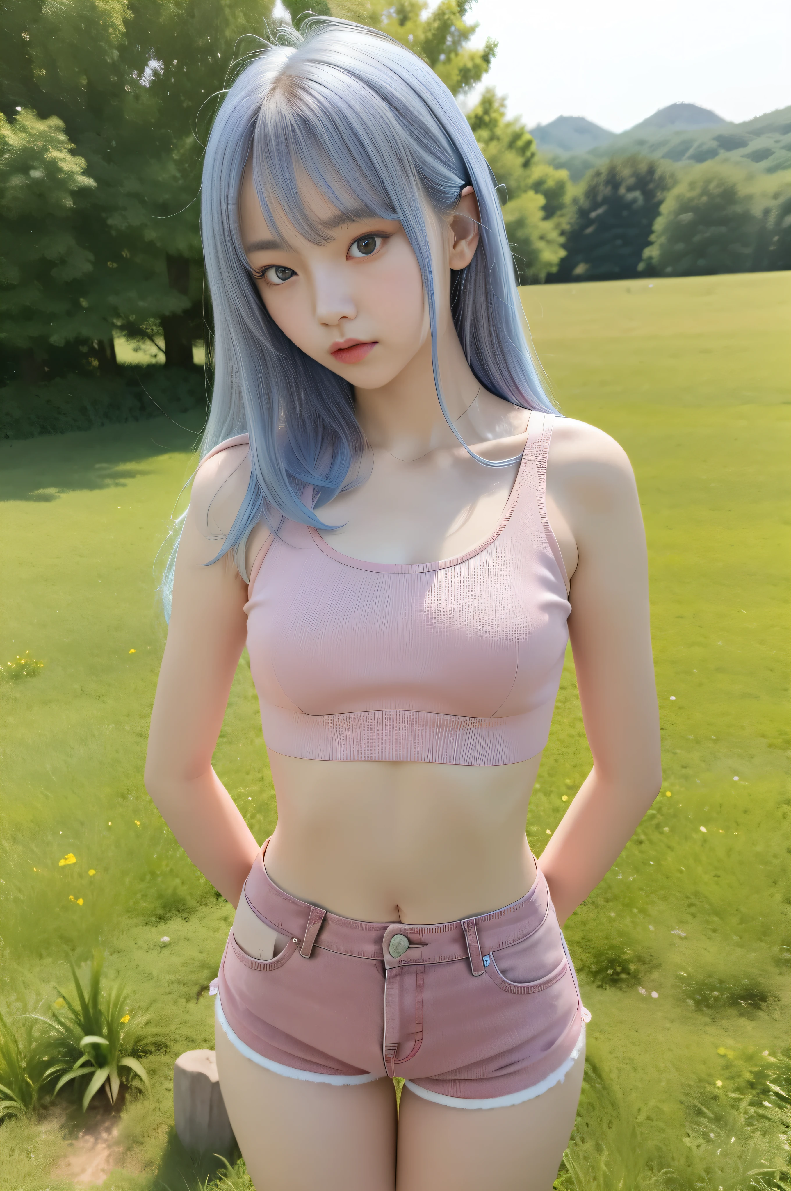 full body, A korean young girl, 15yo, 15 years old korean young girl is in a field, fantasy field, small breast, petite figure, long light blue hair, tight crop top, tight pink shorts, small tits, 1girl in, Rough breath, Frightened look, ((thin-waist)), a small face