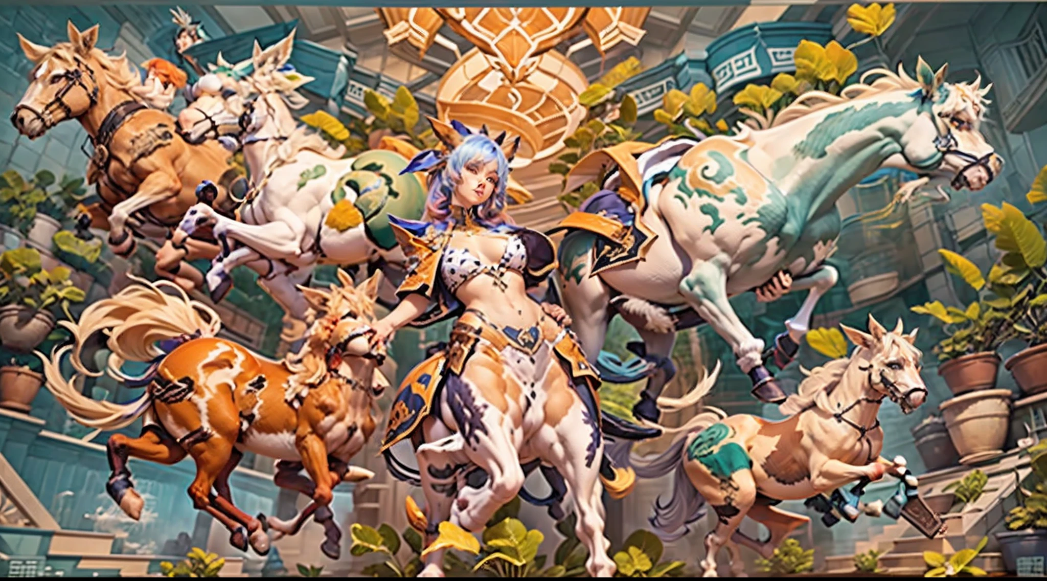 In the beautiful illustration of this super-grand scene，The ultra-long-range lens is shown（Over eight unique centaur characters：9.9），They all have their own characteristics，Vivid and interesting。Radiant angelic centaurs from the heavenly realm，To the hellish centaurs surrounded by nightmarish flames，And then to the Wind Fairy Centaur dancing in the air，There are also one-horned centaurs surrounded by thunder and lightning，and mechanical centaurs that shine with metallic light，And then to the powerful dragon centaur with colored dragon scales covering the whole body，The elegant and agile elf centaur always wears a flower crown with its slender graceful lines，Enchanting and charming Tiflin centaurs。Each character has their own unique charms and abilities。The illustration uses advanced artistic techniques and tools，（Divide the scene into sections by geometric arrangement：9.9），Each section corresponds to a centaur character，This makes more efficient use of space。Through Midjourney's advanced brush tools、Color palette、Material packs and model packs，For each centaur, beautiful props are designed to increase racial characteristics、Clothing and physical features，Enhances the character's personality and visual appeal。The scenery in the illustrations is stunning，There are changing skies、rainbowing、extreme light、Stars and Moon。Incorporating iconic landmarks such as Mount Everest，and fireworks、tranquil lake、Natural and urban elements of waves and neon lights，Creates a magical atmosphere。The centaurs display their unique abilities and equipment in a variety of environments，This is true even in extreme alien landscapes。（Use Midjourney's tools、Material packs、Texture tools、The color palette makes depicting details vivid and realistic：9.9），From complex hairstyles and as well as different racial traits、Body、Appearance features、Clothing to real textures，This greatly enhances the realism of the characters and surroundings。The fusion of multiple art styles adds movement to the centaur's