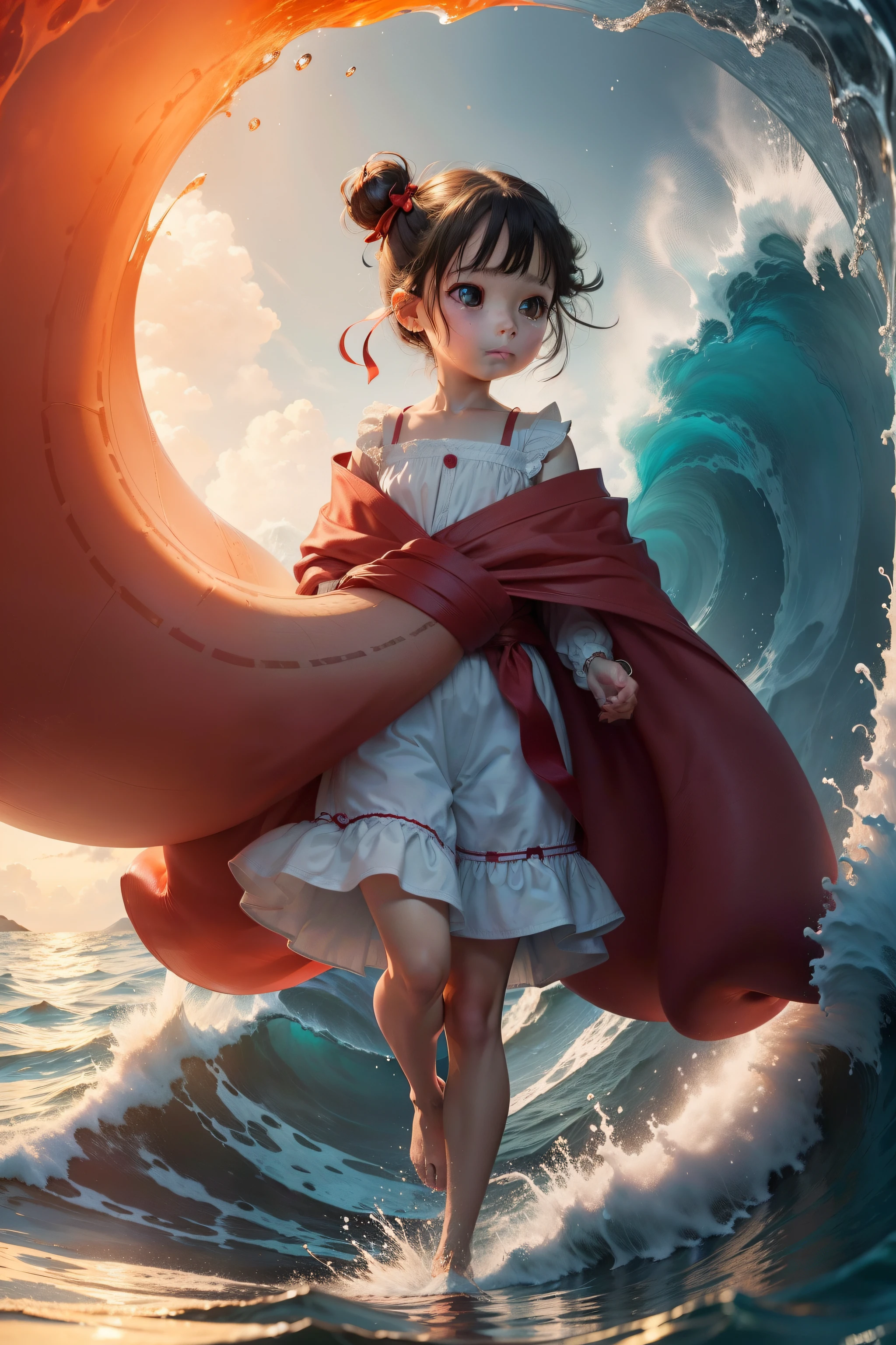 In the sea with big waves,Huge waves appear,There is a python inside,A character at sea,hair-bun,Red ribbon in hand,Golden rings at your feet,There is a flame under the feet