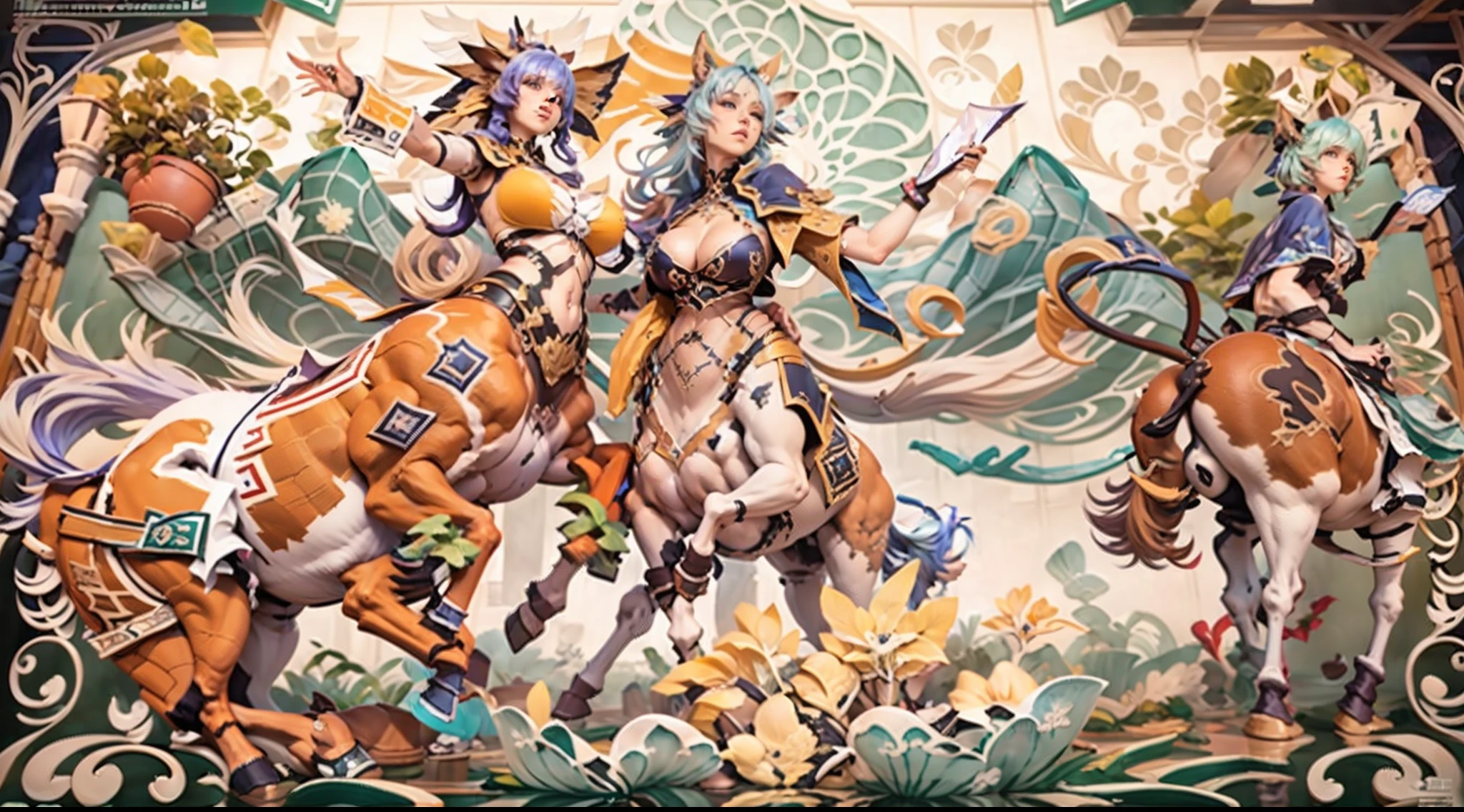 In the beautiful illustration of this super-grand scene,The ultra-long-range lens is shown(Over eight unique centaur characters:9.9),They all have their own characteristics,Vivid and interesting。Radiant angelic centaurs from the heavenly realm,To the hellish centaurs surrounded by nightmarish flames,And then to the Wind Fairy Centaur dancing in the air,There are also one-horned centaurs surrounded by thunder and lightning,and mechanical centaurs that shine with metallic light,And then to the powerful dragon centaur with colored dragon scales covering the whole body,The elegant and agile elf centaur always wears a flower crown with its slender graceful lines,Enchanting and charming Tiflin centaurs。Each character has their own unique charms and abilities。The illustration uses advanced artistic techniques and tools,(Divide the scene into sections by geometric arrangement:9.9),Each section corresponds to a centaur character,This makes more efficient use of space。Through Midjourney's advanced brush tools、Color palette、Material packs and model packs,For each centaur, beautiful props are designed to increase racial characteristics、Clothing and physical features,Enhances the character's personality and visual appeal。The scenery in the illustrations is stunning,There are changing skies、rainbowing、extreme light、Stars and Moon。Incorporating iconic landmarks such as Mount Everest,and fireworks、tranquil lake、Natural and urban elements of waves and neon lights,Creates a magical atmosphere。The centaurs display their unique abilities and equipment in a variety of environments,This is true even in extreme alien landscapes。(Use Midjourney's tools、Material packs、Texture tools、The color palette makes depicting details vivid and realistic:9.9),From complex hairstyles and as well as different racial traits、Body、Appearance features、Clothing to real textures,This greatly enhances the realism of the characters and surroundings。The fusion of multiple art styles adds movement to the centaur's