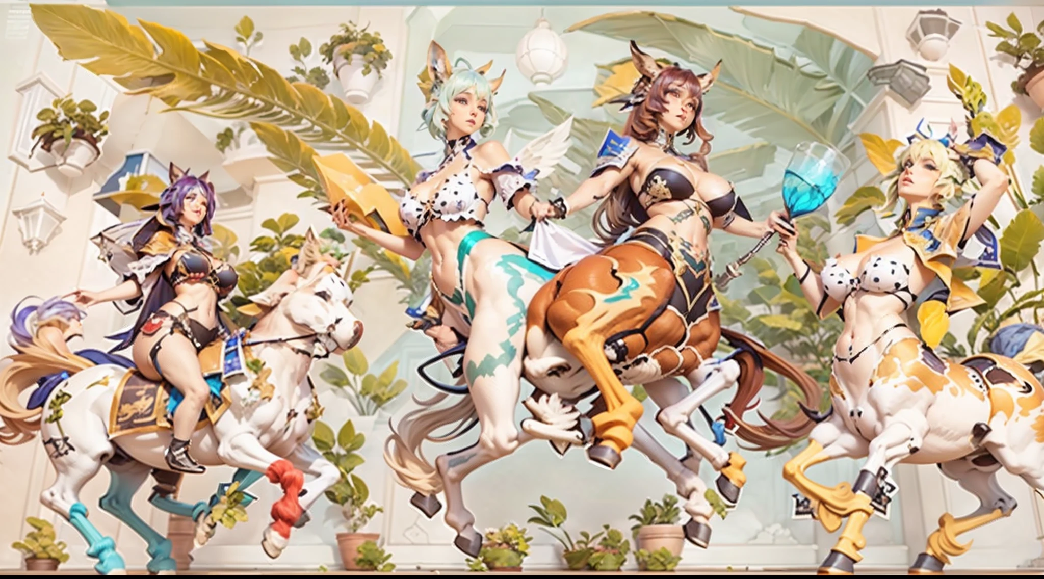 In the beautiful illustration of this super-grand scene,The ultra-long-range lens is shown(Over eight unique centaur characters:9.9),They all have their own characteristics,Vivid and interesting。Radiant angelic centaurs from the heavenly realm,To the hellish centaurs surrounded by nightmarish flames,And then to the Wind Fairy Centaur dancing in the air,There are also one-horned centaurs surrounded by thunder and lightning,and mechanical centaurs that shine with metallic light,And then to the powerful dragon centaur with colored dragon scales covering the whole body,The elegant and agile elf centaur always wears a flower crown with its slender graceful lines,Enchanting and charming Tiflin centaurs。Each character has their own unique charms and abilities。The illustration uses advanced artistic techniques and tools,(Divide the scene into sections by geometric arrangement:9.9),Each section corresponds to a centaur character,This makes more efficient use of space。Through Midjourney's advanced brush tools、Color palette、Material packs and model packs,For each centaur, beautiful props are designed to increase racial characteristics、Clothing and physical features,Enhances the character's personality and visual appeal。The scenery in the illustrations is stunning,There are changing skies、rainbowing、extreme light、Stars and Moon。Incorporating iconic landmarks such as Mount Everest,and fireworks、tranquil lake、Natural and urban elements of waves and neon lights,Creates a magical atmosphere。The centaurs display their unique abilities and equipment in a variety of environments,This is true even in extreme alien landscapes。(Use Midjourney's tools、Material packs、Texture tools、The color palette makes depicting details vivid and realistic:9.9),From complex hairstyles and as well as different racial traits、Body、Appearance features、Clothing to real textures,This greatly enhances the realism of the characters and surroundings。The fusion of multiple art styles adds movement to the centaur's