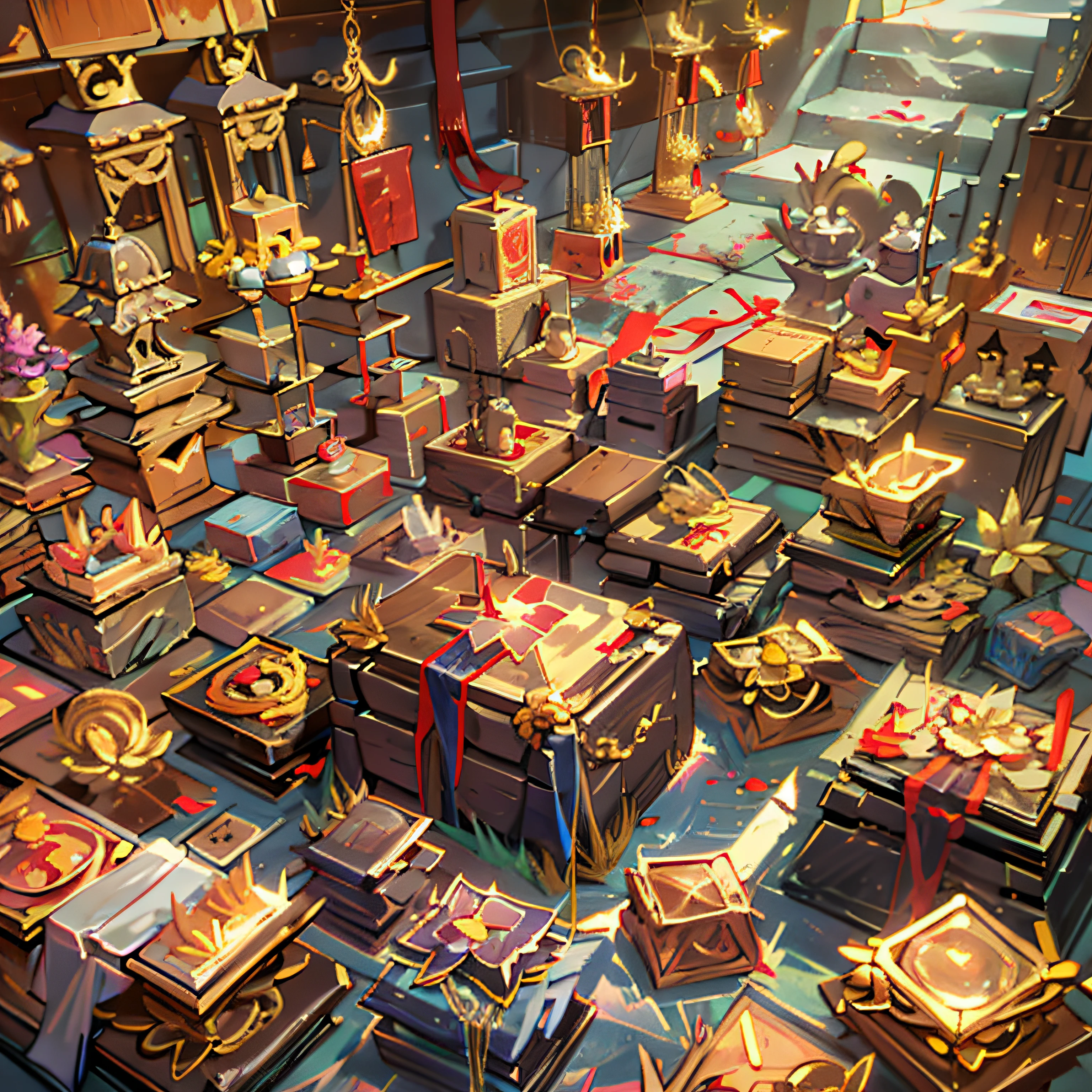 In an ancient Chinese palace，There were many boxes of gold and silver treasures piled on the ground