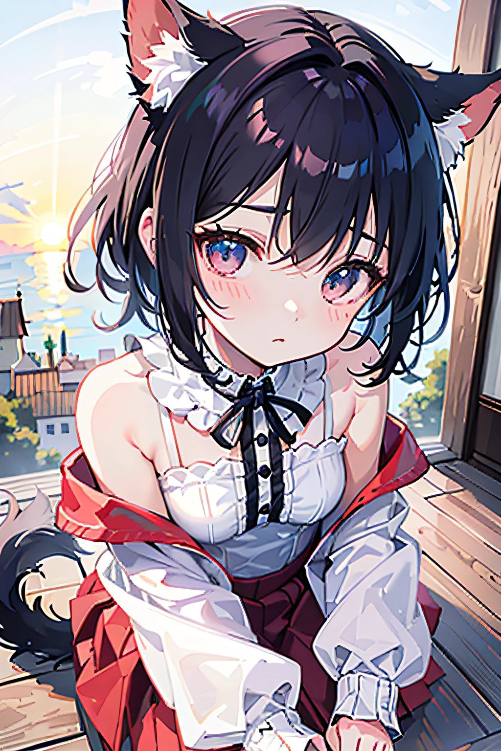 (top-quality、32K image quality、masterpiece、nffsw:1.2)、a cute loli、Canine ears、Dog tail、Mofumofu、Medium short hair、short braiding、beauitful face、Ultra-detailed details、(Slouched:1.3)、at the sunset、crouching down、(From above:1.3)、(a closeup:1.4)、small curvy loli、((You can see the chest))、Bust Up Perspective、Loose baggy big shirt、(beautiful nipple slips:0.9)、outside of house、the wind、shinny skin、blurry backround