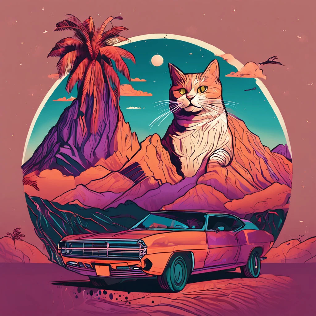 Cat on top of mountain with sunset