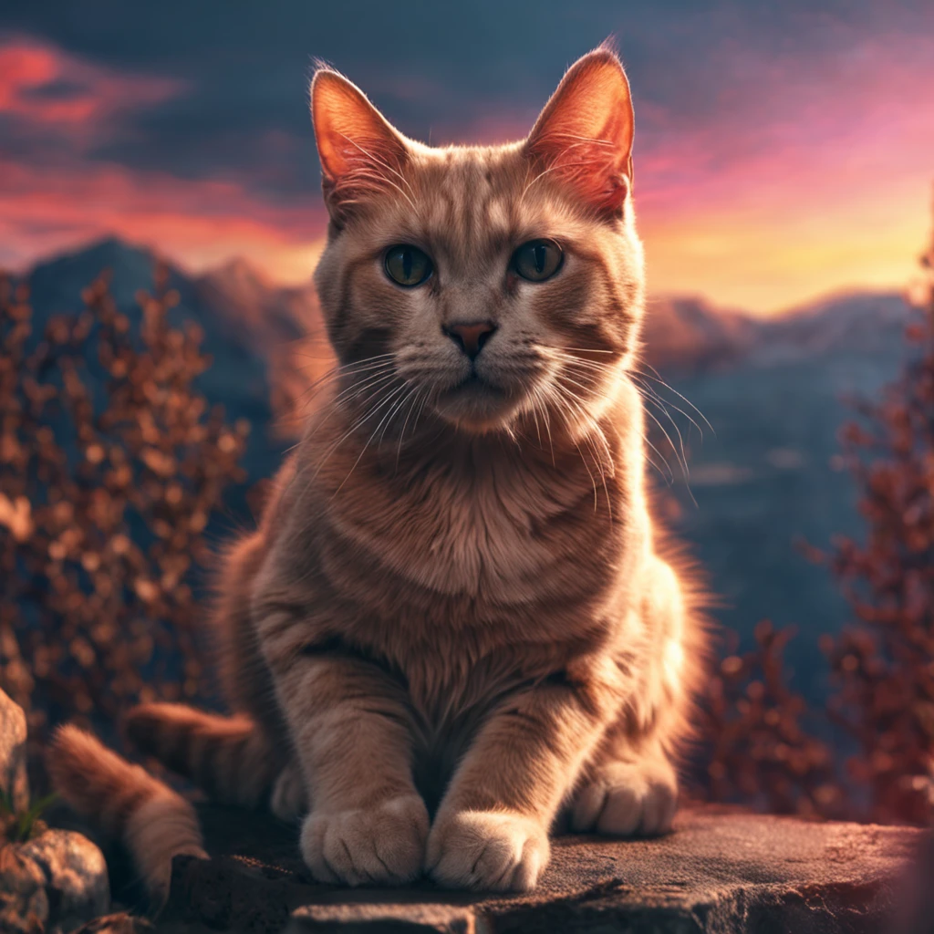 Cat on top of mountain with sunset