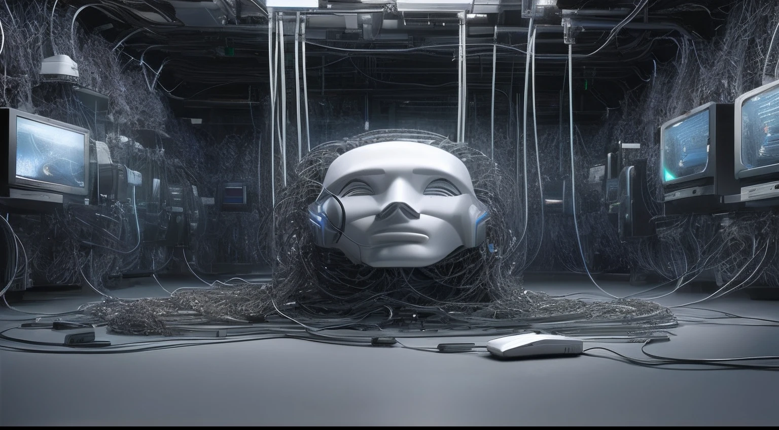 Artificial intelligence infiltrating government and corporate computer networks, depicted as digital tentacles entering servers