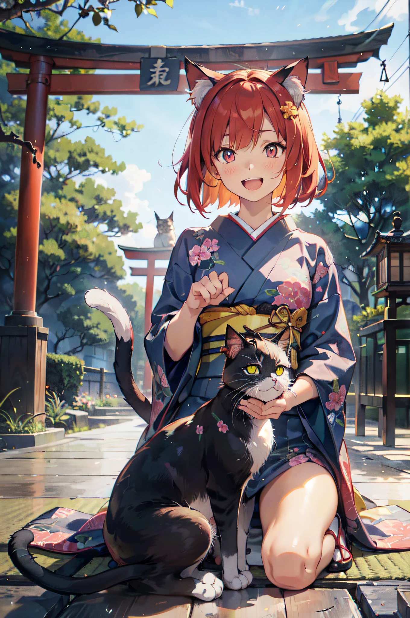 masutepiece, Best Quality, Detailed beautiful face and eyes, Full body, The best illustrations, PastelColors, (jpn、Shrine 1.4), Red torii gate, beauitful face, blurry backround, 10 year old beautiful girl, shinny skin, (１The tail of a cat in a book grows:1.3), Sharp pupils, Realistic pupils, Glowing red hair, bob cuts, Eyes are yellow, Cat's ears, Floral hair ornament, Opens mouth and laughs, Happy expression on face、Curve, (Kimono:1.2), facing front、paw pose