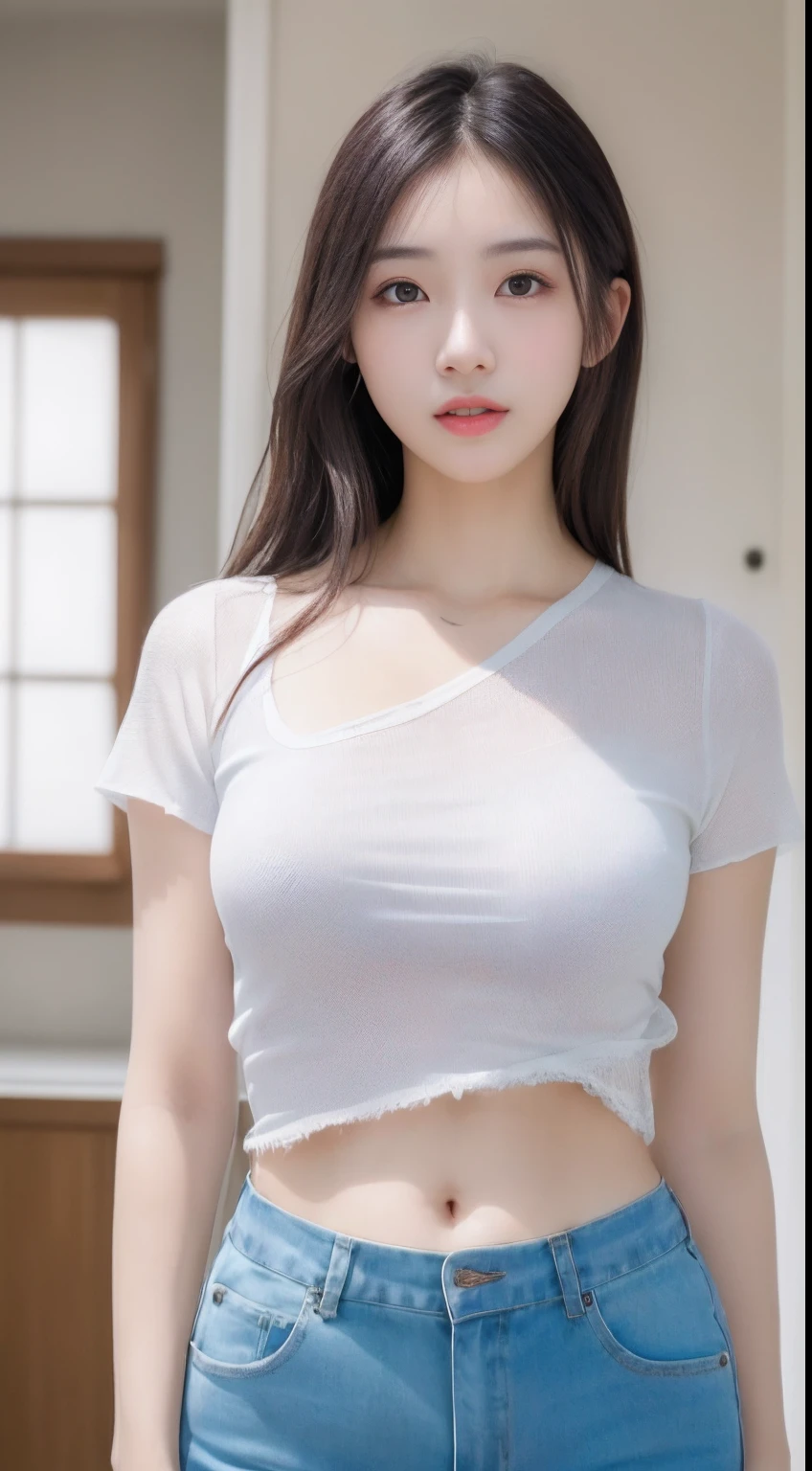 (photoRealstic:1.4)、(hyper realisitc:1.4)、(reallistic:1.3)、(Smooth lighting:1.05)、(Improved cinematic lighting quality:0.9)、32K、20 years girl、Realistic lighting、back Lighting、Facial Lights、Ray tracing、(brightened light:1.2)、(Quality improvement:1.4)、(Realistic textured skin of the highest quality:1.4)、Fine Detailed Eyes、A detailed face、Fine quality eye、(enhance the atmosphere of body line:1.1)、(increase in beauty of skin texture:1.1),Cheerful and lively,fully body photo,Slim figure,Skinny figure,Open navel,Short transparent shirt,shorter pants,back