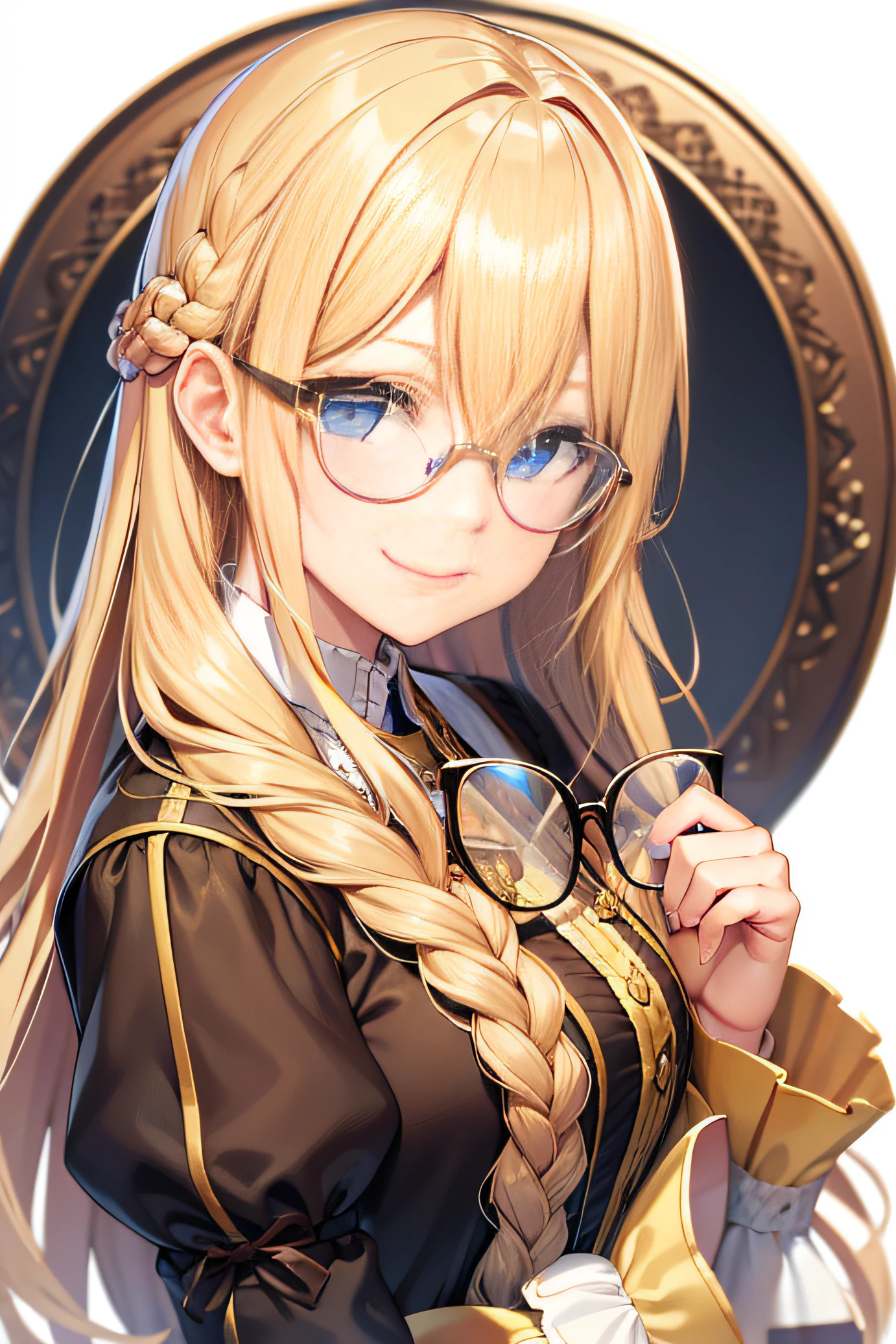 Flaxen braid,eBlue eyes,round frame glasses,Smile coyly