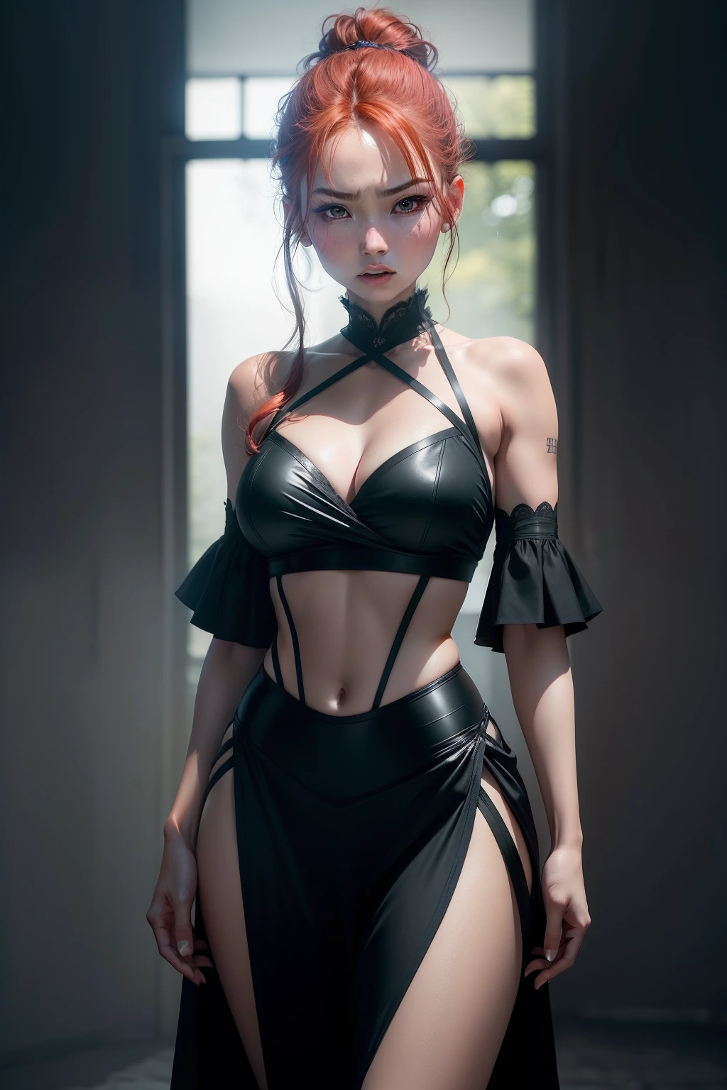 Natural redhead woman poses for photoshooting, fully body pose, Angry, irritated, She was screaming, Stylish updo hairstyle, hair-bun, Facial features in Japan and Vietnam, Straight hair, Pretty face, Flawless face, Thunderstorm in the background, Yelling, agitated, Mix of facial features of Aya Yamamoto and Domarina Matsui as well as Asuka Saito and Mayo Akiyama, Petite body, The photo is like it was taken by the Sony A7 III, Profesional photogarpher, dark ambiance, Edge lighting, Cinematic, waxy candles, Witchcraft, Full body portrait, Ultra photo realsisim, Beautiful face, 8K, Full body portrait, elegant, Natural lighting, Sharp focus, Very detailed face, Vibrant, smooth and luminous skin, Beautiful face, 64k, hyper HD, Beautiful soft skin, 50 millimeters, Low light, Dark and mysterious atmosphere, Vibrant, skin, Photorealism
