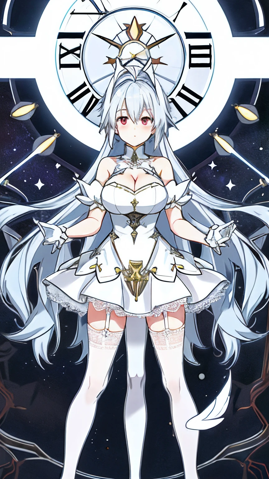 full_Body, Light_Blue_Hair, Very long hair,Huge breasts,Bare_bshoulders,Blush,Red_Eyes,ahoge, Side Chest,Upturned_Eyes,cleavage_Cutout, Thighs, zettai_ryouiki, lace-trimmed_dress,White_dress, High_Heels, White_mitts, flipped_Hair,White_dress,1girll, Solo,themoon，The halo，Wings，pointer，Clock dial，Black tights