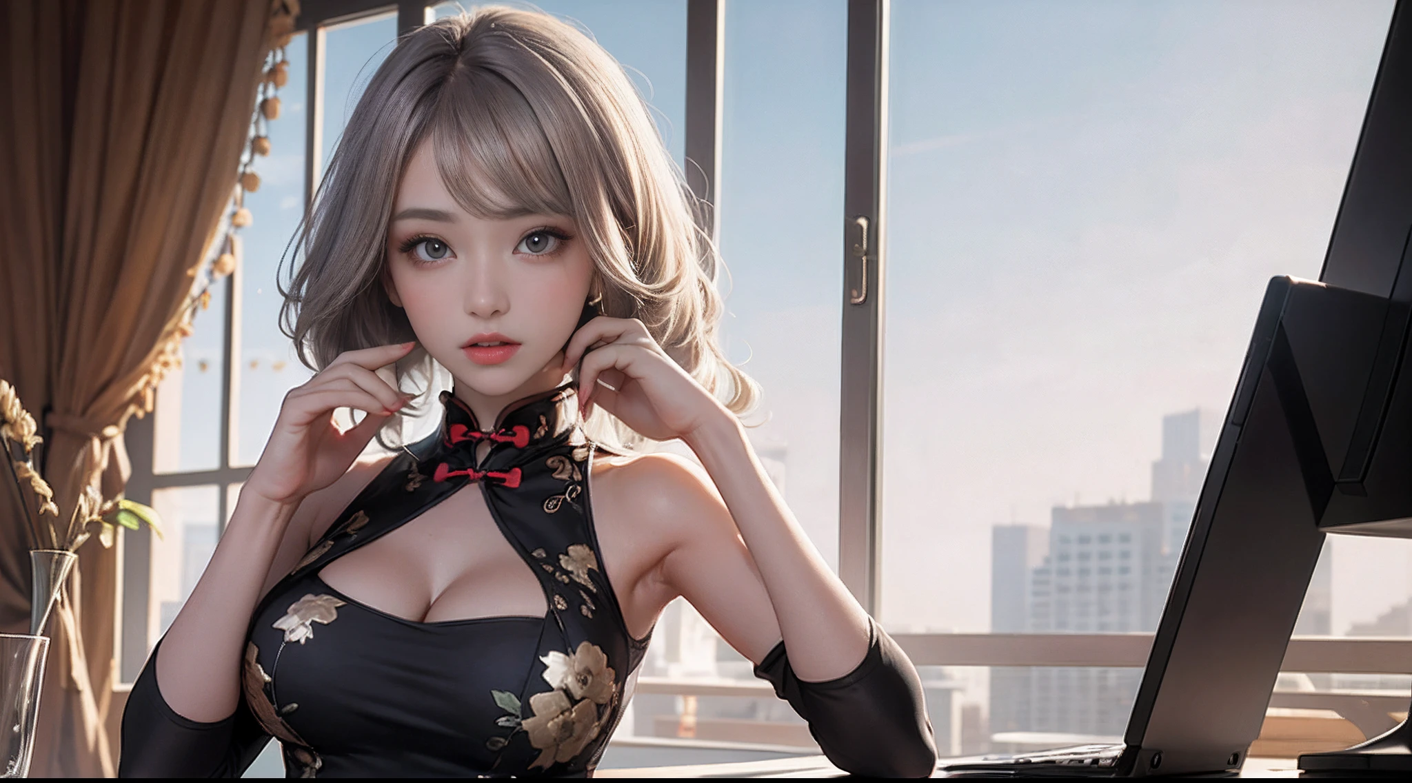 Absolutely beautiful cat lady, brown skin, perfect slim body, mature royal sister, gray hair, royal sister face, cheongsam, sexy and alluring, beautiful face, bust, 4K picture quality, big body, feminine expression, blush shy, large bust, deep eyes