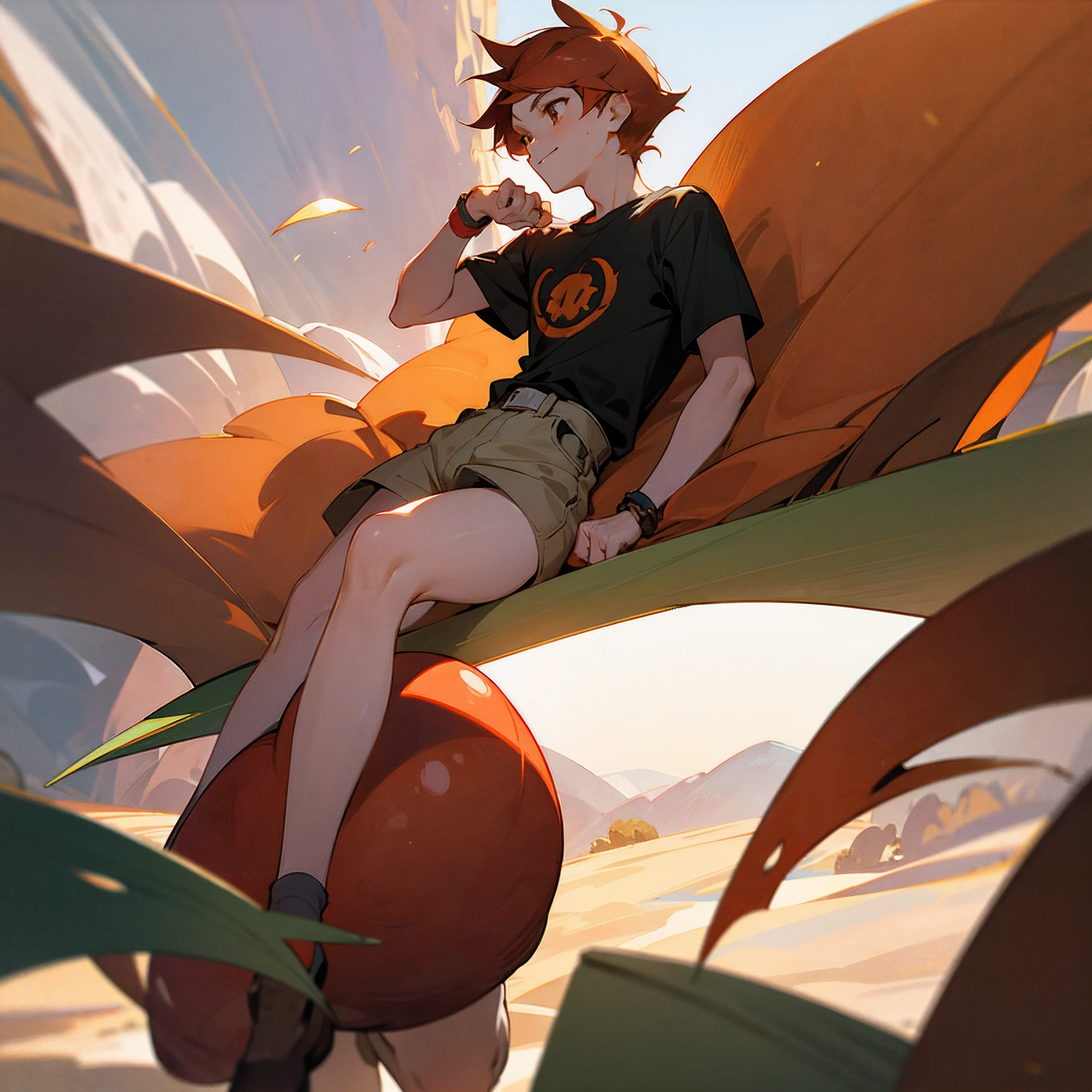 Masterpiece, Best quality, {Best quality}, {{Masterpiece}}, {A high resolution}, {{{field field}}, The is very detailed, illustration, 1boys, cheerfulness, vivaciousness,simplicity, Romantic, Sharp focus, Male focus,Short fiery red hair, Light brown eyes, Sun, Sunlight, Desert,Gobi,Large and small stones,Place the fruit and meat on the large leaves,a pure color T-shirt, Men's casual shorts, mirth