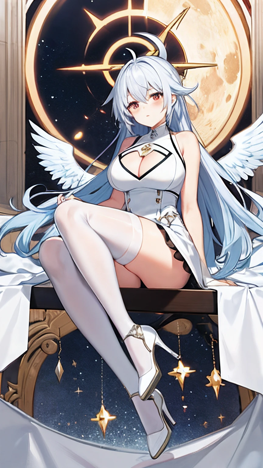 full_Body, Light_Blue_Hair, Very long hair,Huge breasts,Bare_bshoulders,Blush,Red_Eyes,ahoge, Side Chest,Upturned_Eyes,cleavage_Cutout, Thighs, zettai_ryouiki, lace-trimmed_dress,White_dress, High_Heels, White_mitts, flipped_Hair,White_dress,1girll, Solo,themoon,The halo,Wings,pointer,Clock dial,Black tights
