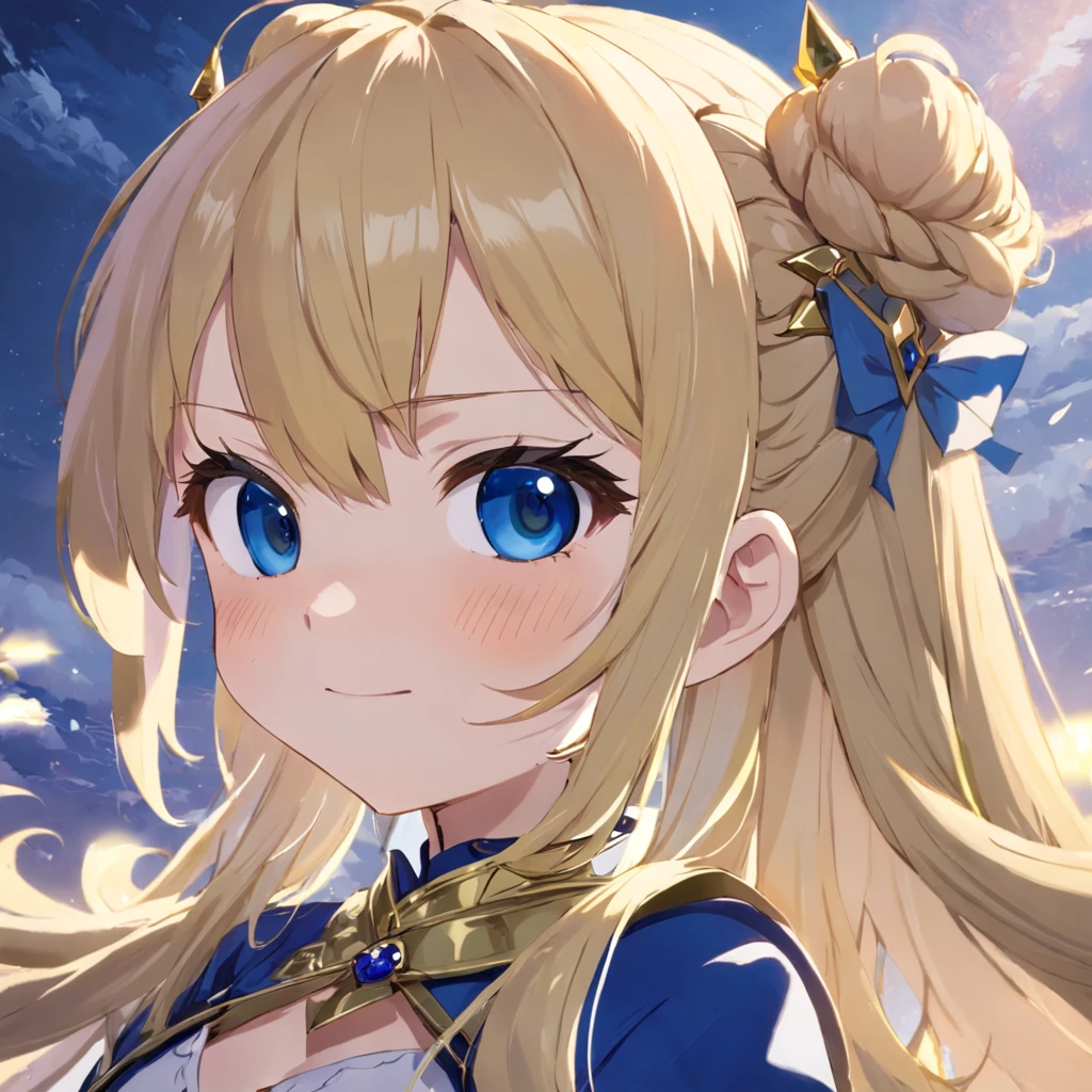 Masterpiece，Best quality， Flat color， Artoria Pendragon，(清晰的线条)， Blonde hair， Blue and white gold， 1girll， Mini crown， Braided bun， Green eyes， Smile， From the side Side， looking back over shoulder at viewer， Clouds ，the lilies，Depth of field， Border，fate stay night