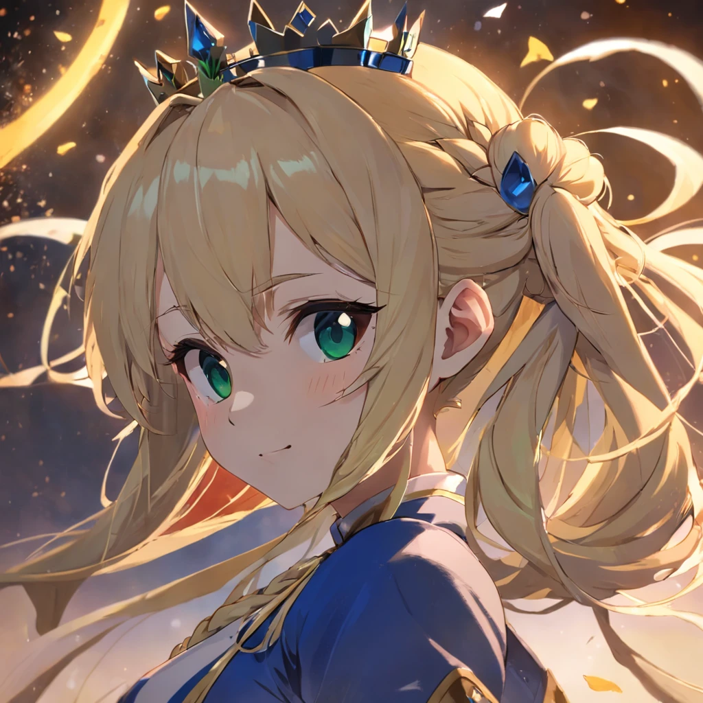 Masterpiece，Best quality， Flat color， Artoria Pendragon，(清晰的线条)， Blonde hair， Blue and white gold， 1girll， Mini crown， Braided bun， Green eyes， Smile， From the side Side， looking back over shoulder at viewer， Clouds ，the lilies，Depth of field， Border，fate stay night