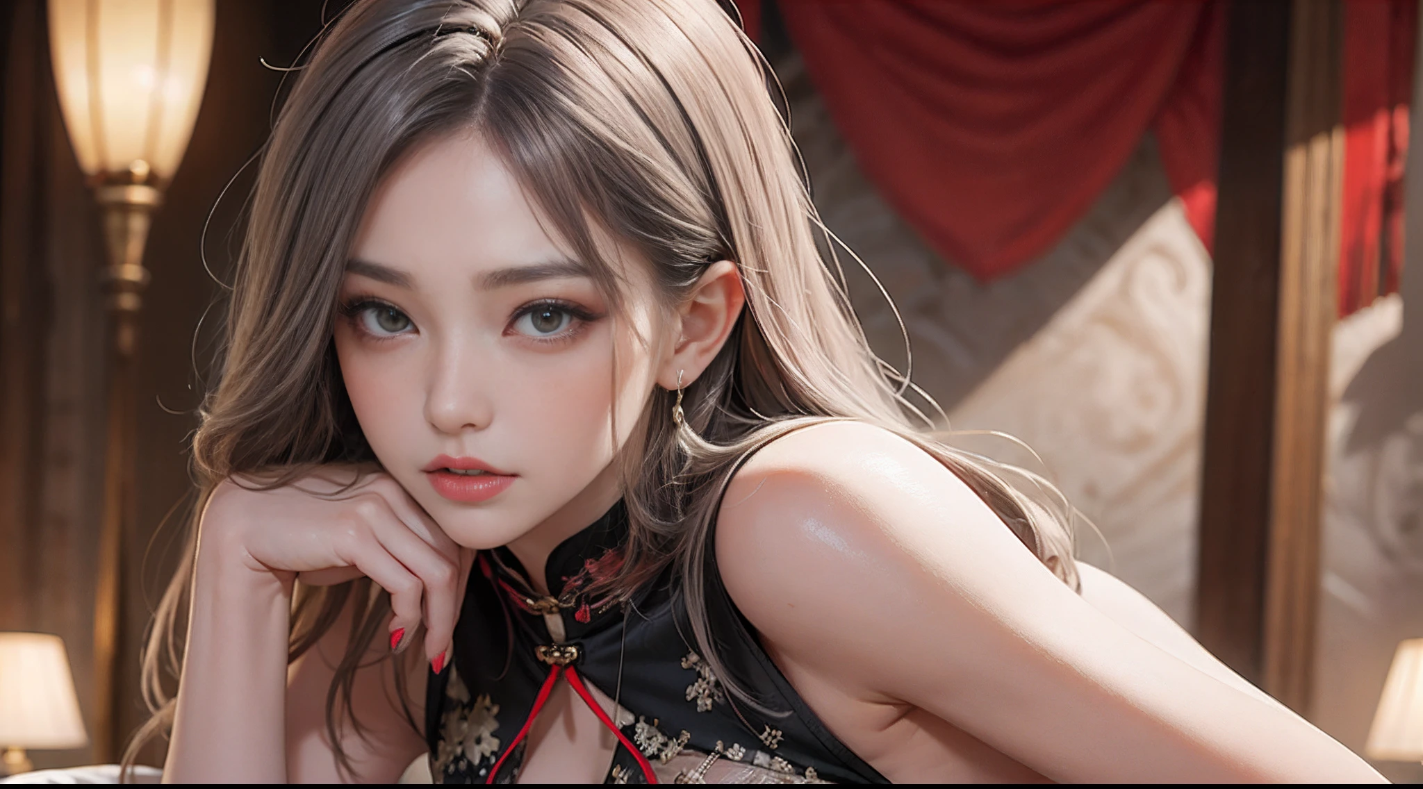 Absolutely beautiful cat lady, brown skin, perfect slim body, mature royal sister, gray hair, royal sister face, cheongsam, sexy and alluring, beautiful face, bust, 4K picture quality, big body, feminine expression, blush shy, large bust, deep eyes