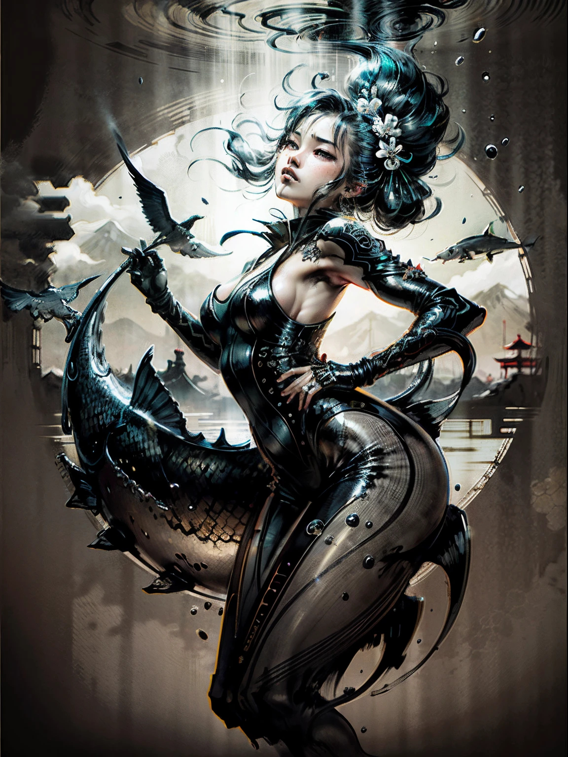 "A mesmerizing scene in which a graceful carp gracefully swirl around the girl, Exquisite Japan similar to ink painting."