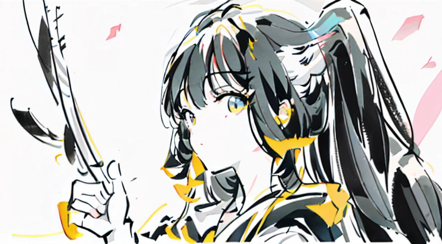 Painting of a girl with long hair and a bird in the background, Clean anime outline, line sketch, line sketch!!, Anime Figures, flat anime style shading, Simple lineart, Simple shading, Anime shading), Perfect LineArt, Thick line art, Thick black lines, With shading, Thick outline, Clean straight lines, Thick lineart, Thick outline