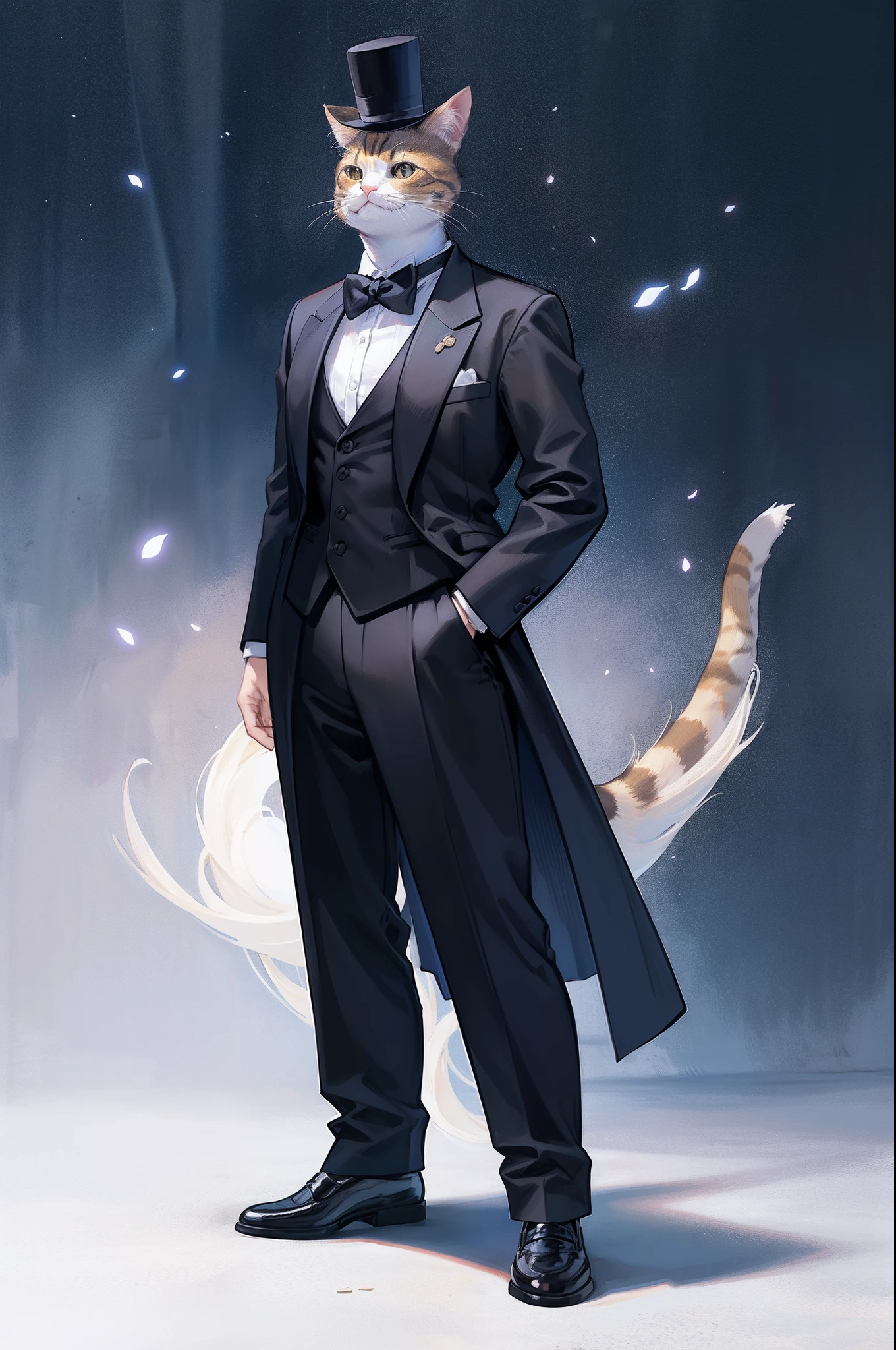 Tiny Cat standing like a person, wearing a Tuxedo and silk hat, ultra detailed illustration, (Best quality), (masterpiece:1.3), (photorealistic:1.36), (realistic), ultra-detailed,