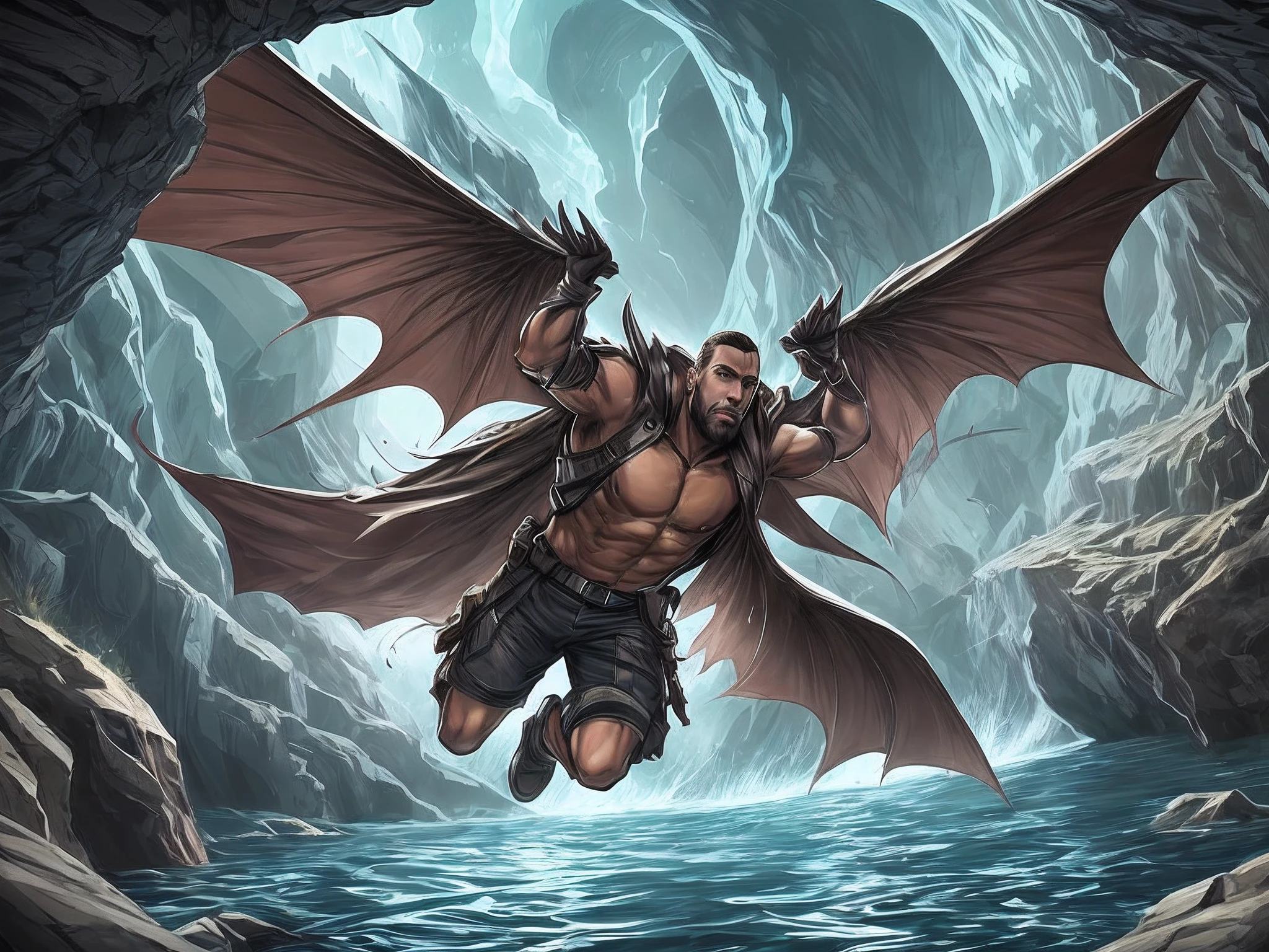 Illustration of a man with batwings flying close above the water in a dark cave --auto --s2