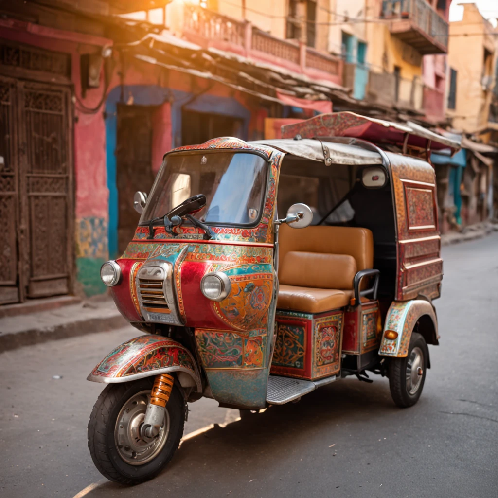 A vividly painted three-wheeled scooter (tuktuk) with intricate designs, set against a cinematic sky with soft lighting and a warm sun glare. The design features bright, bold colors and magic realism elements, showcasing the unique style of Pakistani truck art. In the background, a cityscape adds depth and context to the scene