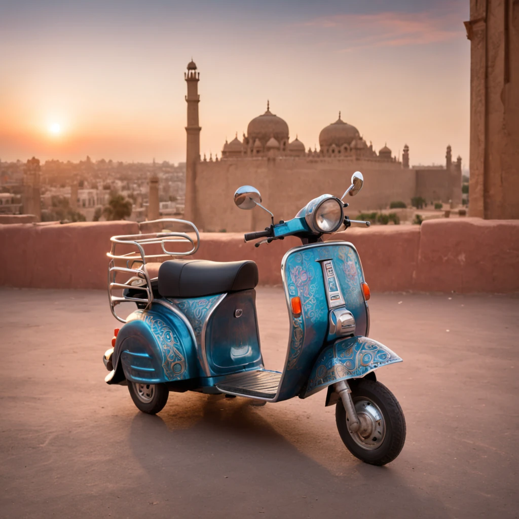 A vividly painted three-wheeled scooter (tuktuk) with intricate designs, set against a cinematic sky with soft lighting and a warm sun glare. The design features bright, bold colors and magic realism elements, showcasing the unique style of Pakistani truck art. In the background, a cityscape adds depth and context to the scene