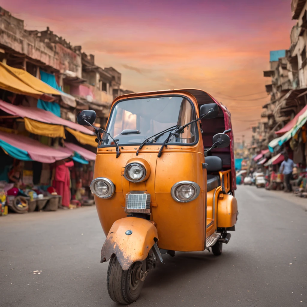 A vividly painted three-wheeled scooter (tuktuk) with intricate designs, set against a cinematic sky with soft lighting and a warm sun glare. The design features bright, bold colors and magic realism elements, showcasing the unique style of Pakistani truck art. In the background, a cityscape adds depth and context to the scene