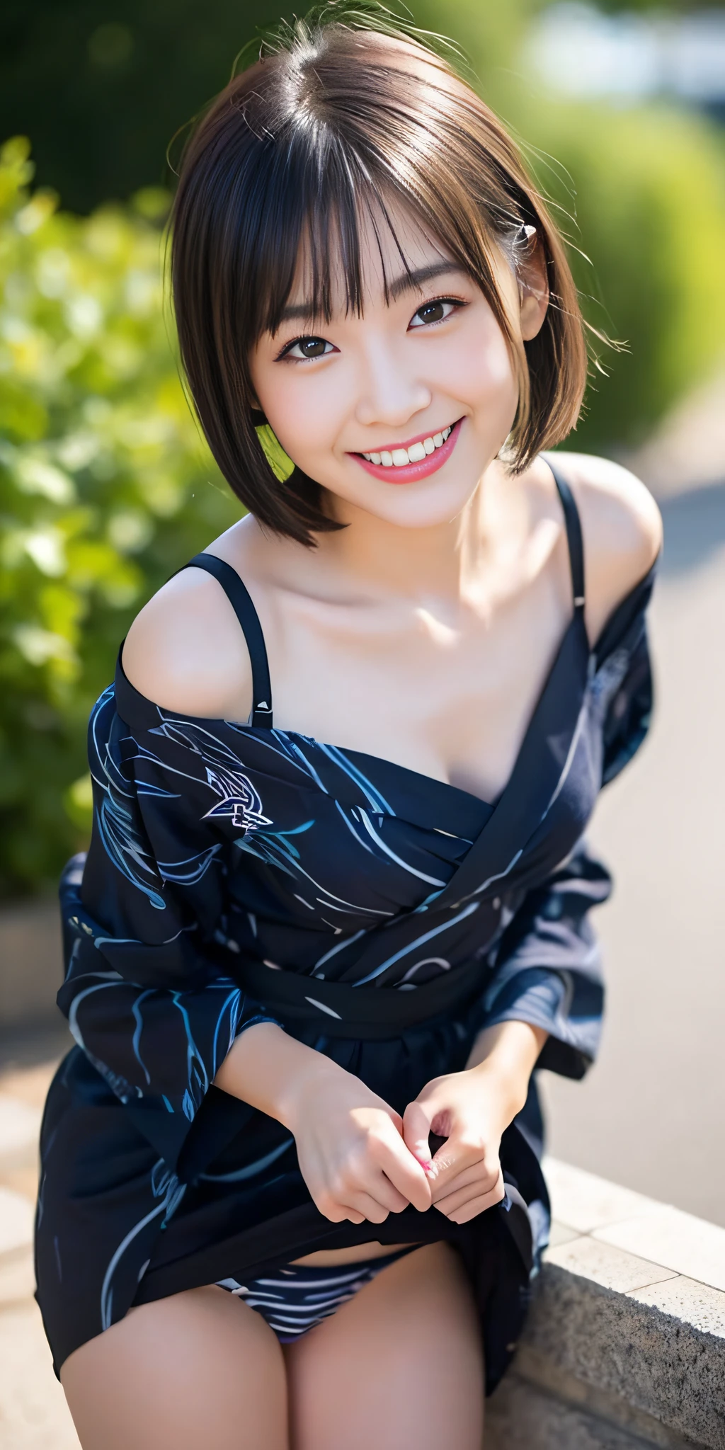 neat college girl、ite person、Outside the field、(Slimed、small tit、flat boobs、small tit)、Photorealsitic、detaileds, Skin Texture, ultra-detailliert、Delicate and sexy collarbone、A smile、Super Detailed Face、Detailed lips、A detailed eye、二重まぶた、White panties are visible from the skirt、((is standing、Summer yukata、slightly lift the hem of the skirt with both hands,,,,))、Shorthair with bangs、Straight bob hair、from quite above、10y old