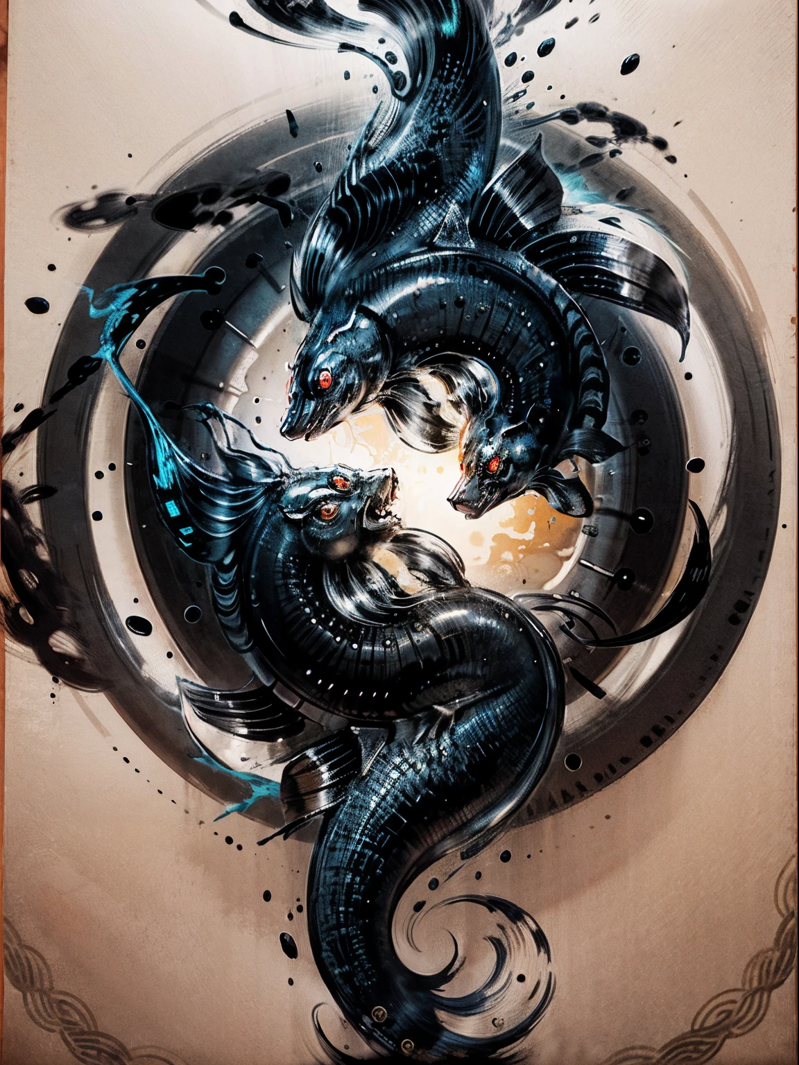 "A mesmerizing scene in which a graceful carp gracefully swirl around the girl, Exquisite Japan similar to ink painting."