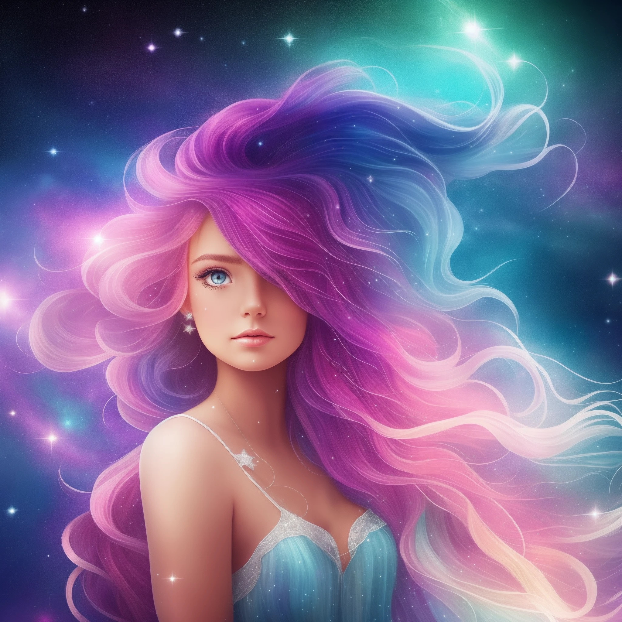 {{best quality}}, {{masterpiece}}, {{ultra-detailed}}, {illustration}, {detailed light}, {an extremely delicate and beautiful}, a girl, cute face, upper body, two legs, long dress, {beautiful detailed eyes}, stars in the eyes, messy floating hair, colored inner hair, Starry sky adorns hair, {lots_of_big_colorful_Bubble}, [pearl], [Galaxy], depth of field