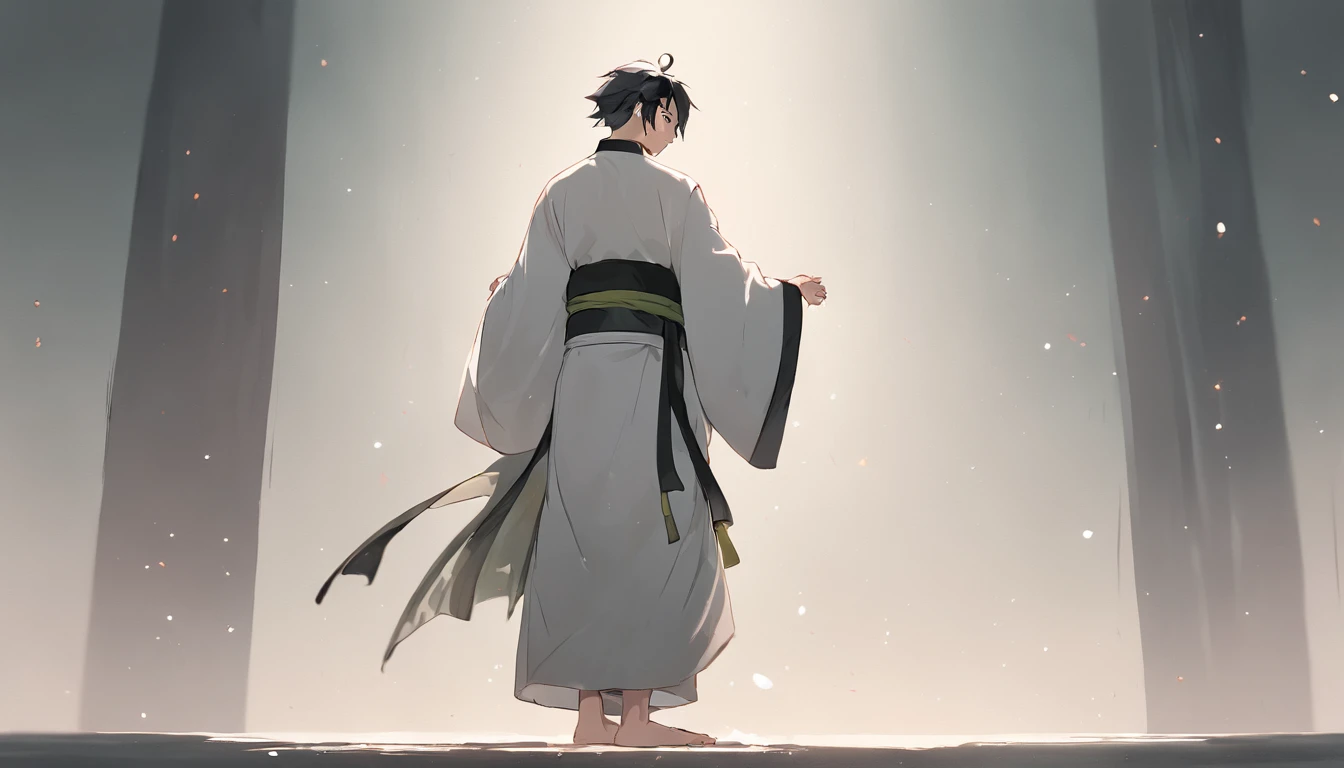 anthropomorphic sea turtle, White robe，White background，simplebackground，solid color backdrop，Full body frontal photo，1 Cute Hanfu Panda Man，standing on your feet，full bodyesbian, Solo,frontage，facing away from audience, looking on the right side side of screen,  ssmile，Background bokeh，lightand shade contrast，tmasterpiece，flatillustration，minimal style，4K