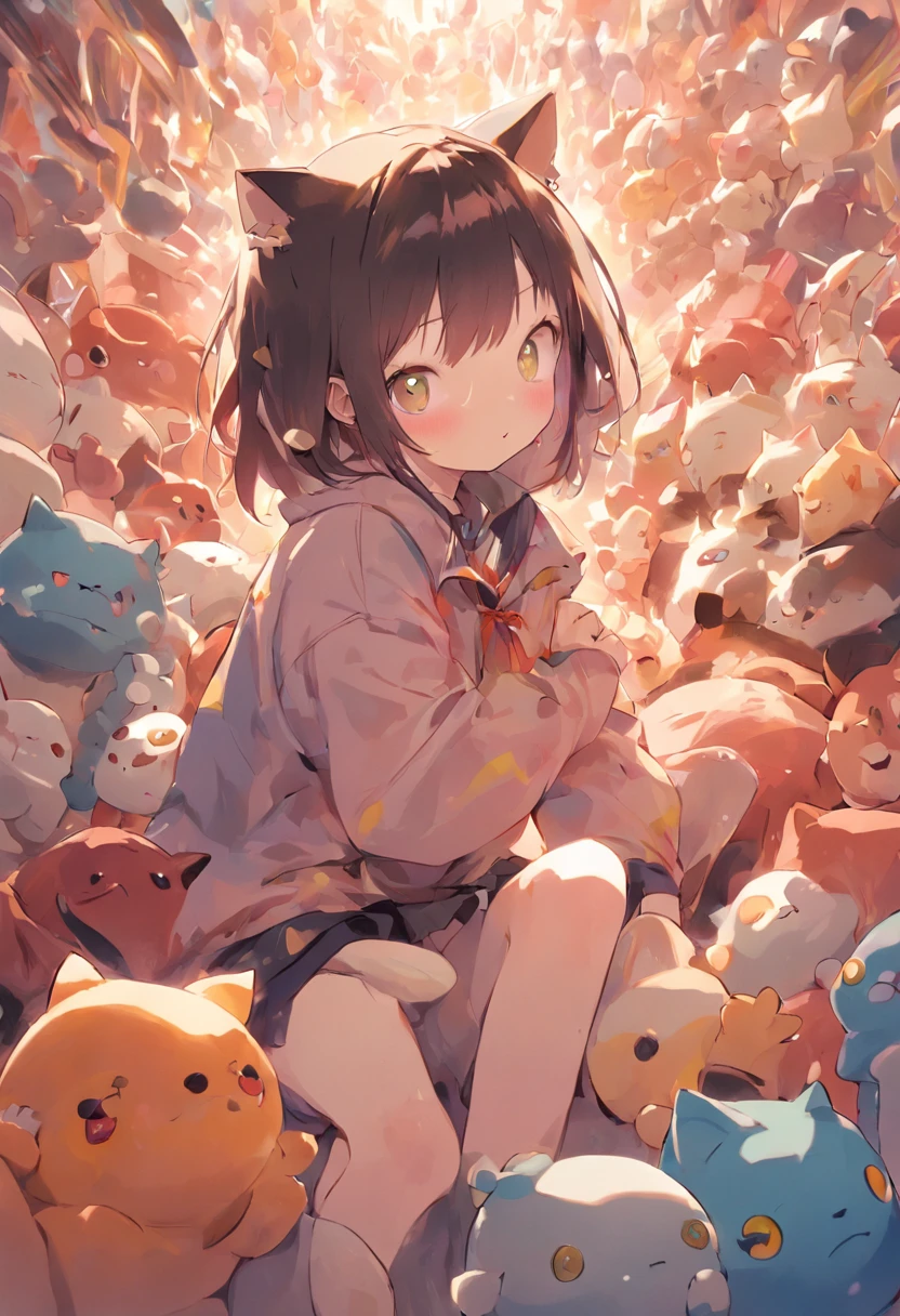 Anime girl with lots of stuffed animals and a cat, Arte digital detalhada e fofa, por Ryan Yee, Lindo estilo de arte, Digital Painting Acessável, lindo arte digital, Cute detailed illustrations, Digital anime illustration, 3D render arte oficial, Arte oficial de alto detalhe, official character illustration, Anime estilizado, kawaii hq render, Pokémon Art Style, cute illustrations, Fanart detalhado