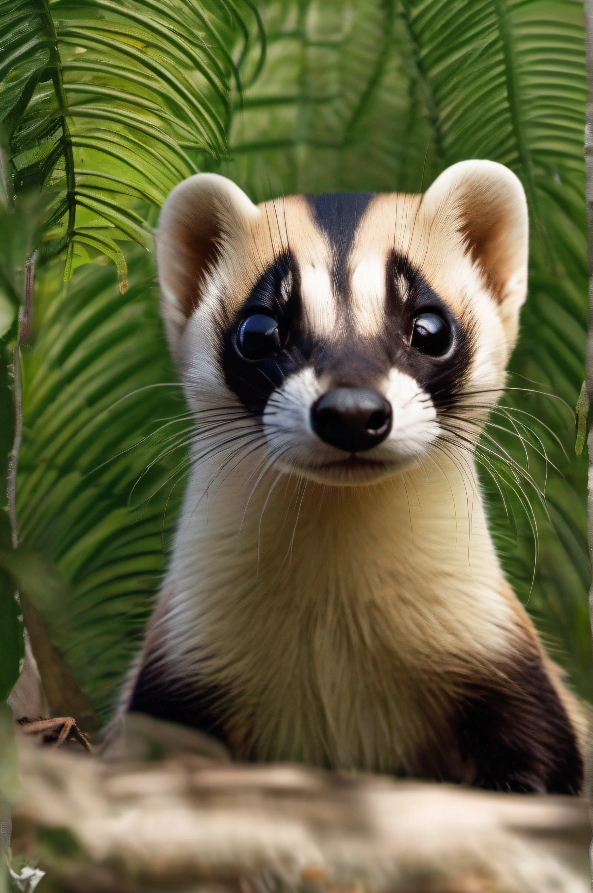 High nation-geographic symmetrical close-up portrait shoot in green jungle of an expressive Black Footed Ferret, anamorphic lens, ultra-realistic, hyper-detailed, green-core, jungle-core –ar 16:9 –q 2 –v 5 rtx on --ar 73:128 --s 750 --v 5. 2