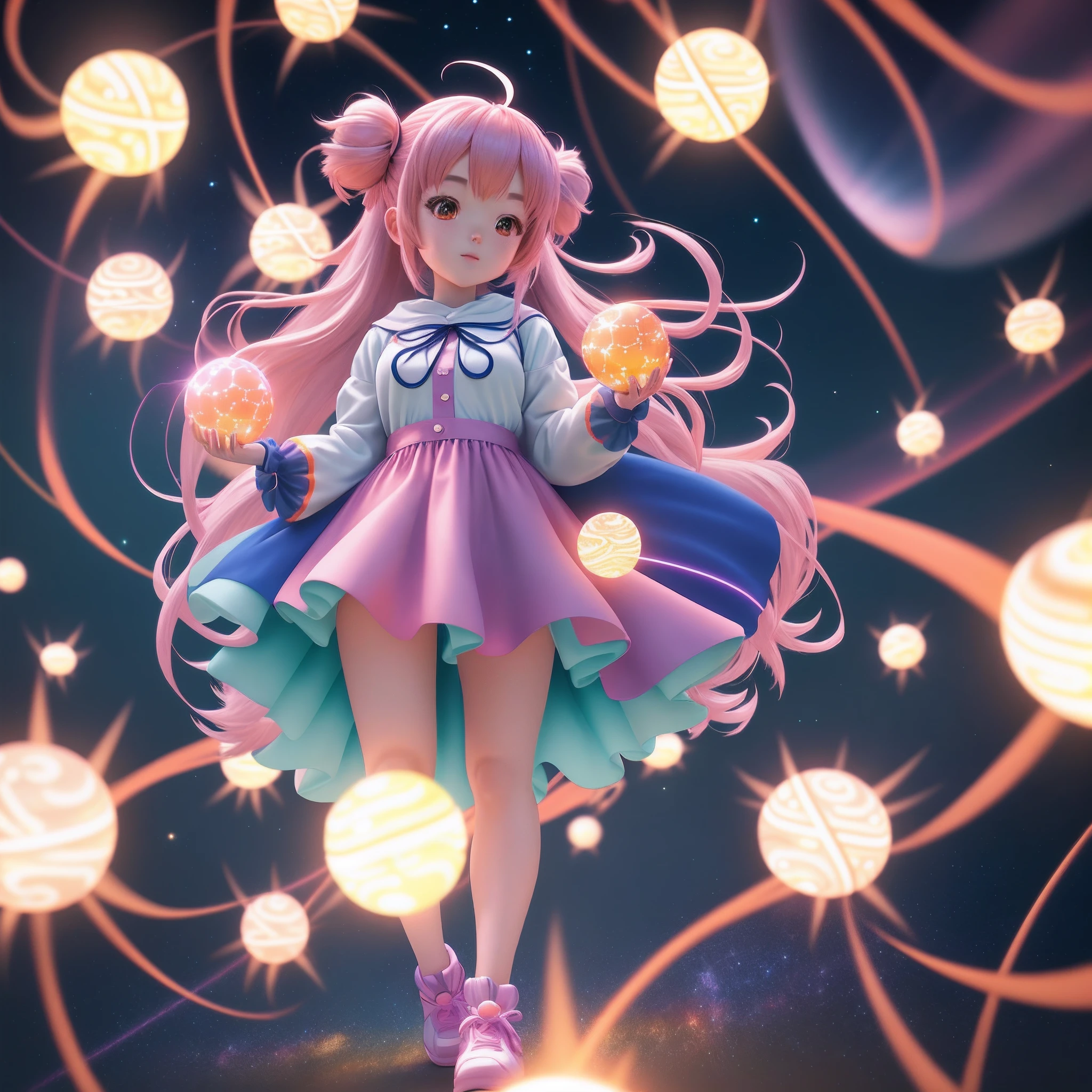anime girl with a bunch of glowing balls in her hands, anime girl with cosmic hair, little girl with magical powers, connected with glowing tubes 8 k, anime girl of the future, render of a cute 3d anime girl, anime styled 3d, anime styled digital art, advanced anime digital art, magical particles, digital anime art, 3d anime girl
