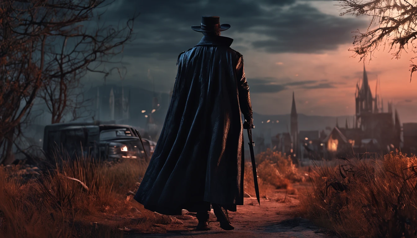 a vampire hunter stalking the night, 8k, ((masterpiece)), HDR, highly detailed, professional